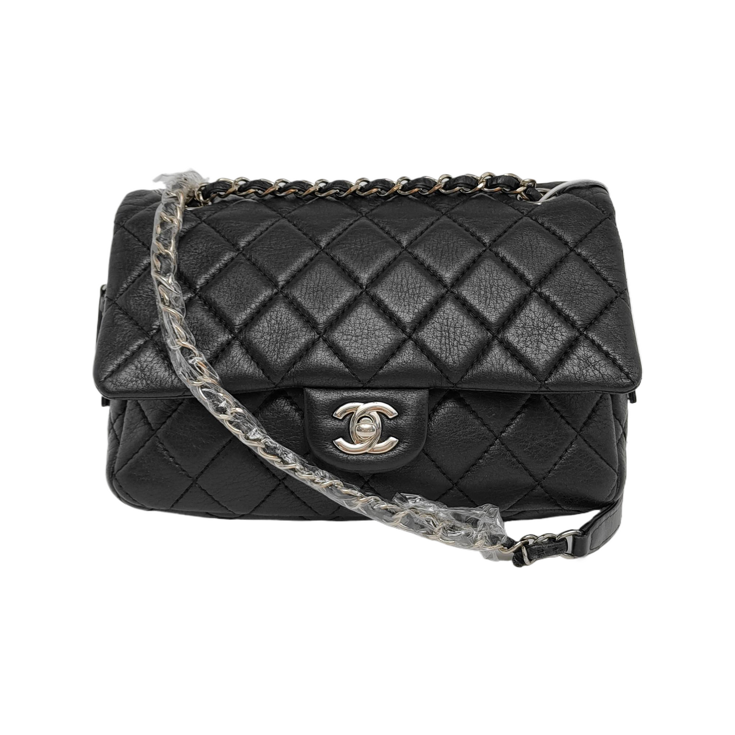 Chanel Calfskin Flap Zipper Hardware Black Gold Silver Leather Handbag