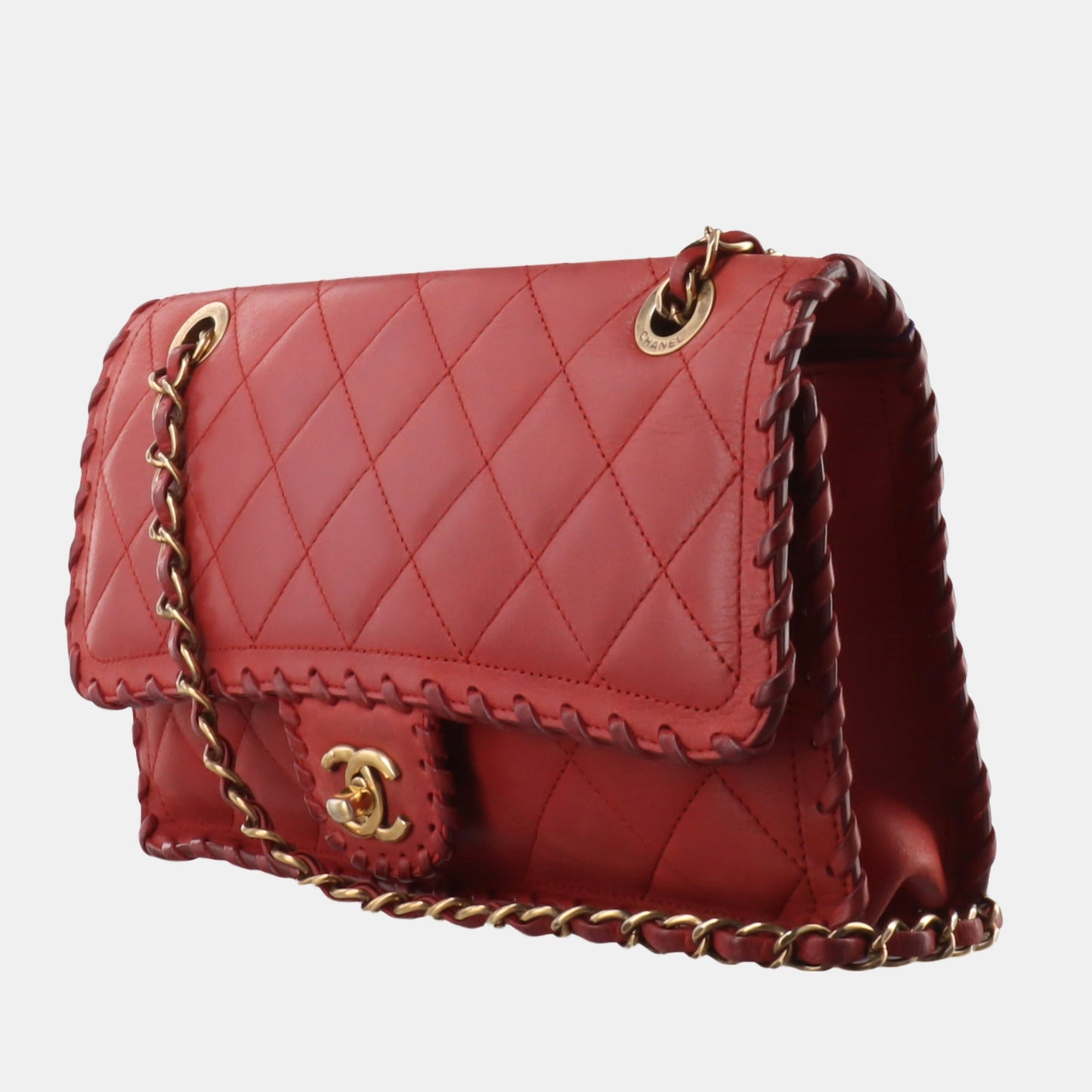 Chanel Classic Flap Happy Stitch Aged Calfskin Red Gold Leather Handbag