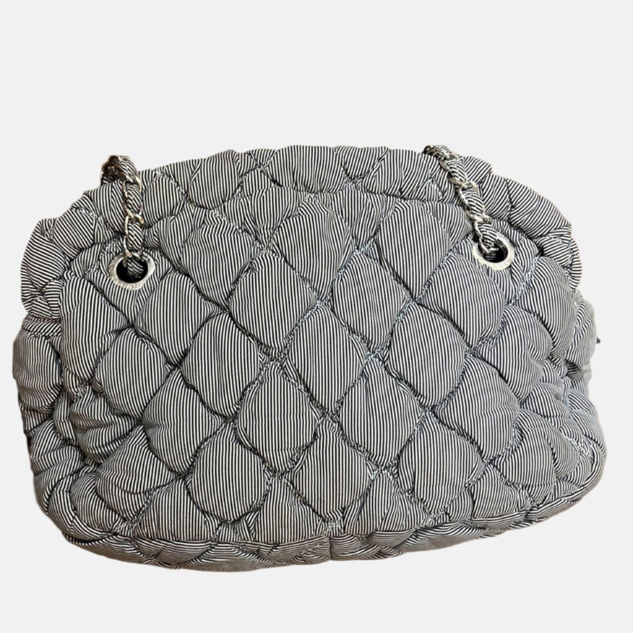 Chanel Nylon Bubble Striped Quilt Accordion Flap Blue Shoulder Bag