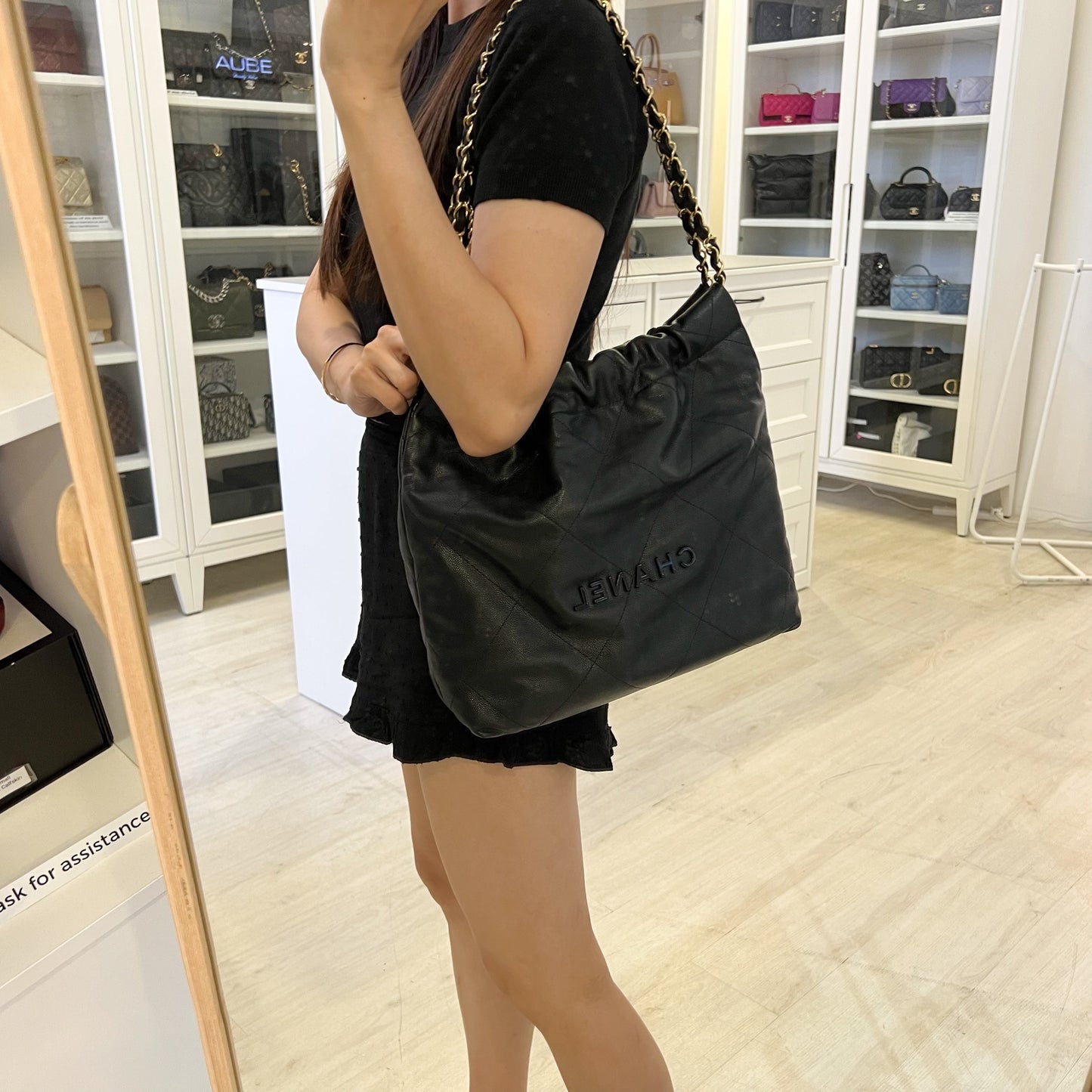 Chanel 22 Small Hobo Handbag in Black Shiny Caviar and Aghw ( )