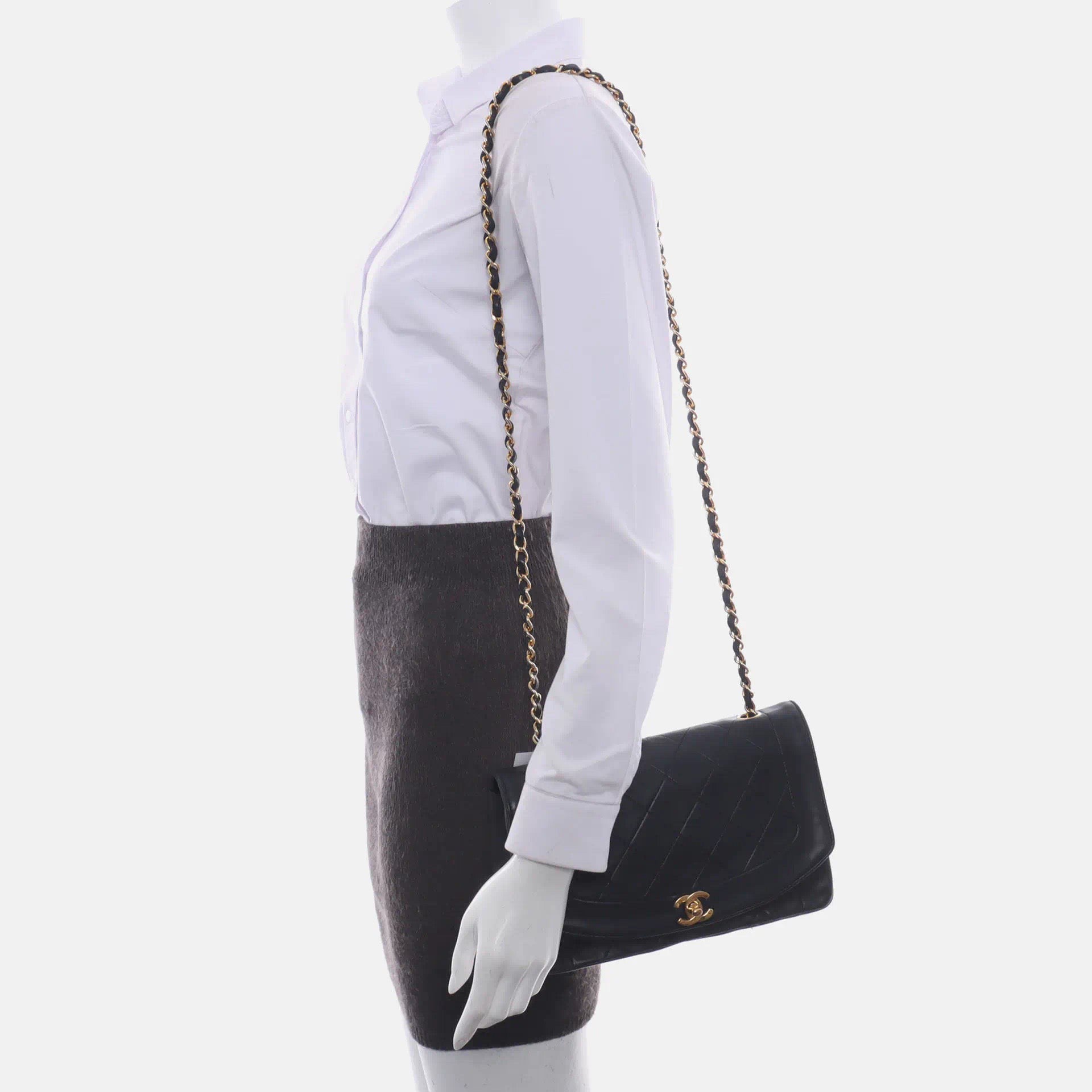 Chanel Diana CC Flap Lambskin 24k Hardware Black Gold Leather Shoulder Bag