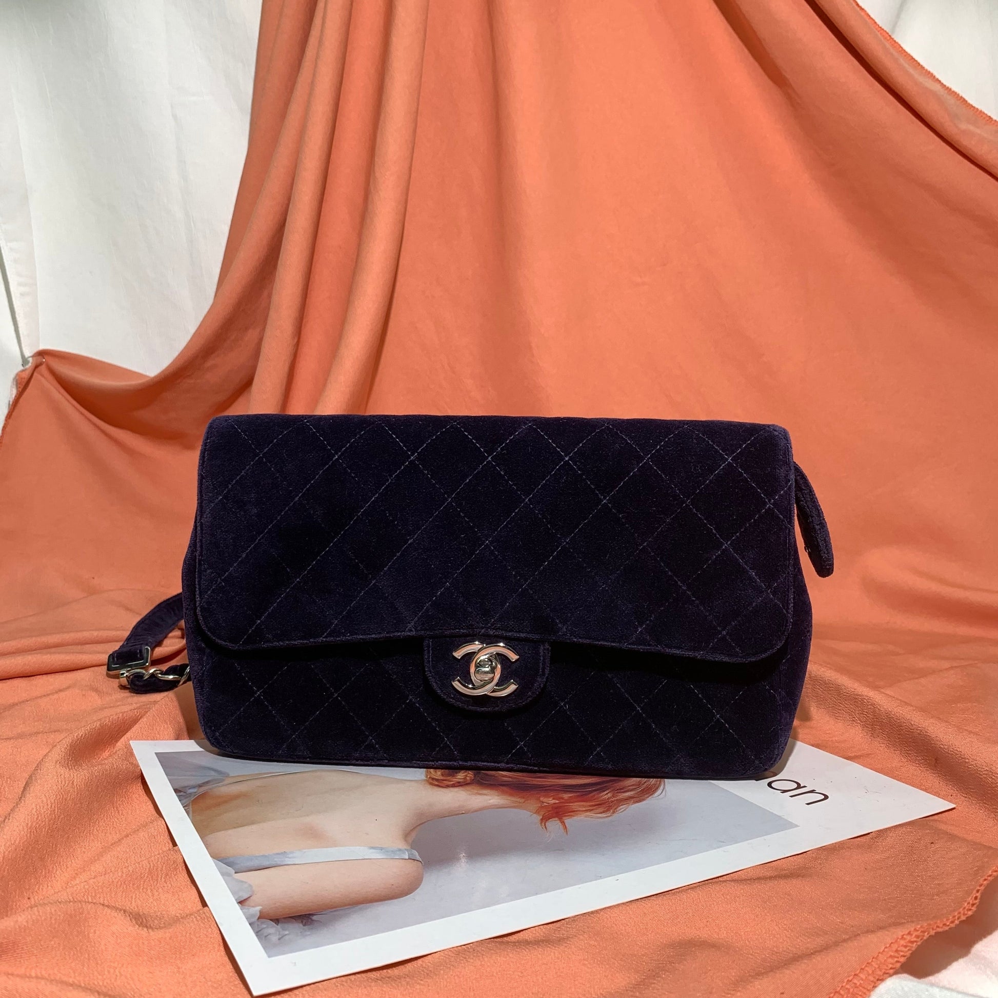 Chanel Navy Velvet Flap Blackpack HW Silver Shoulder Bag