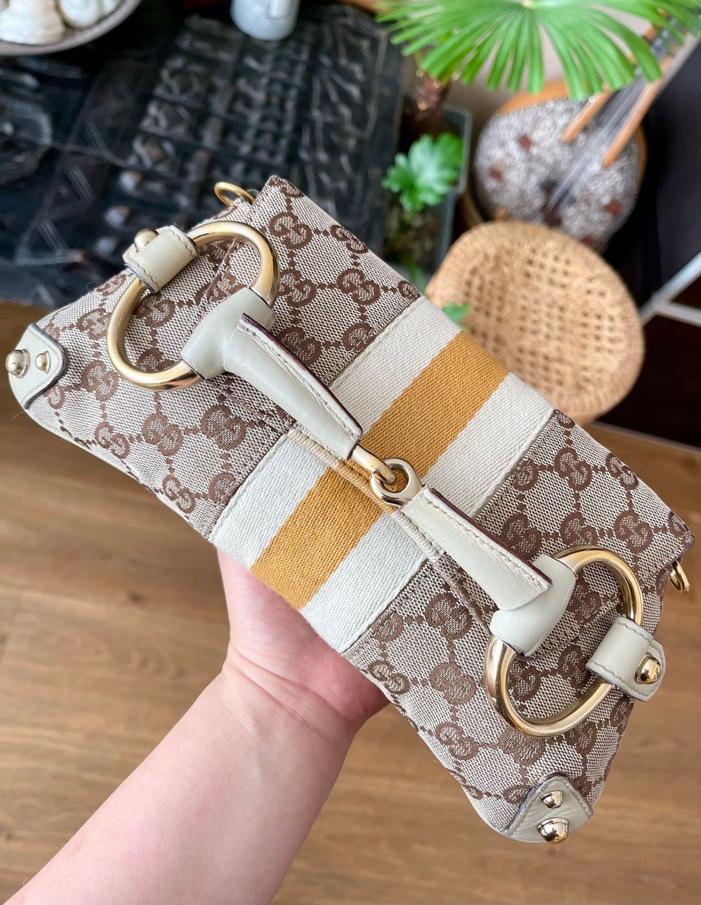 Gucci Horsebit Cloth Yellow Web Shoulder Bag Monogram Beige