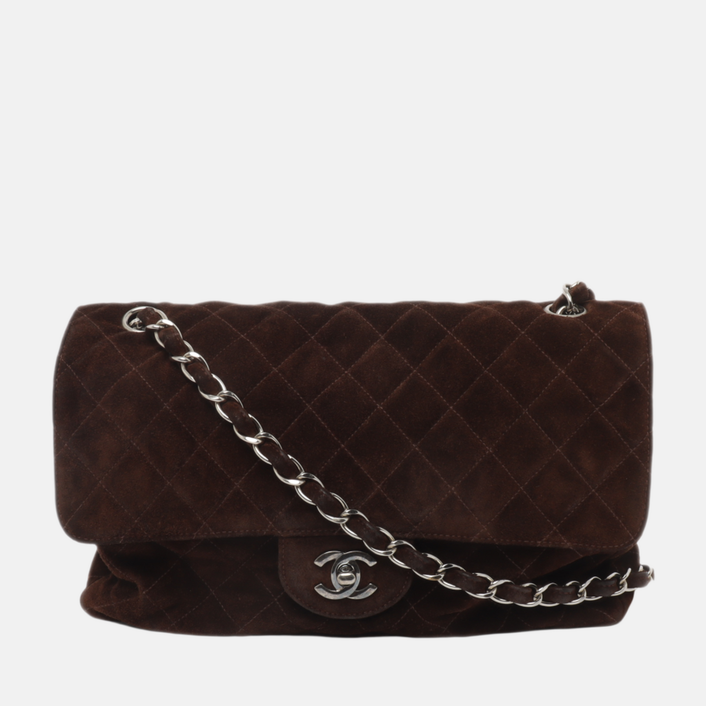 Chanel Classic Flap Dark Chocolate Suede HW Brown Silver Leather Handbag