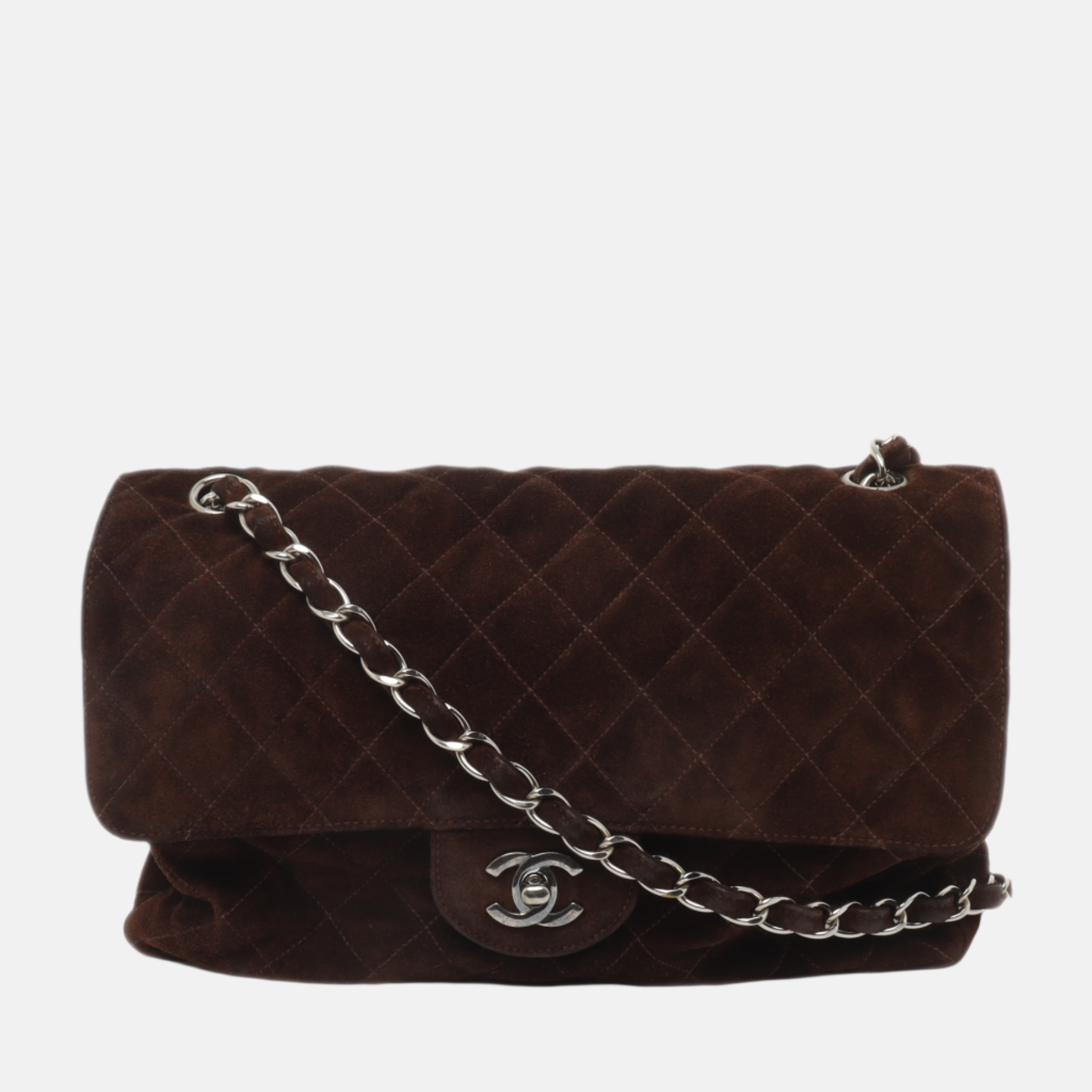 Chanel Classic Flap Dark Chocolate Suede HW Brown Silver Leather Handbag