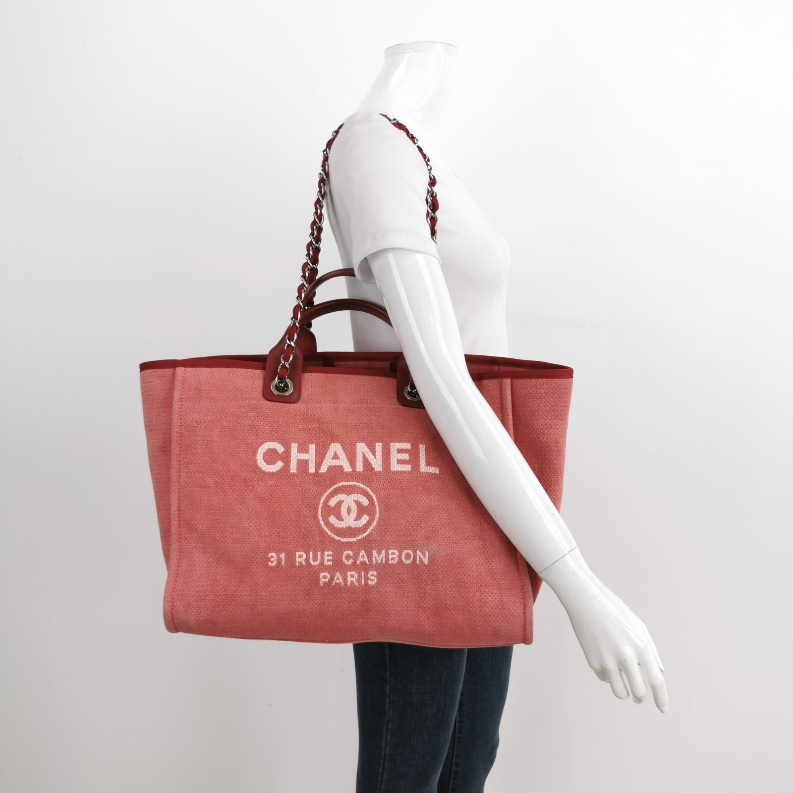 Chanel Deauville Denim Top Handle Red Tote Bag