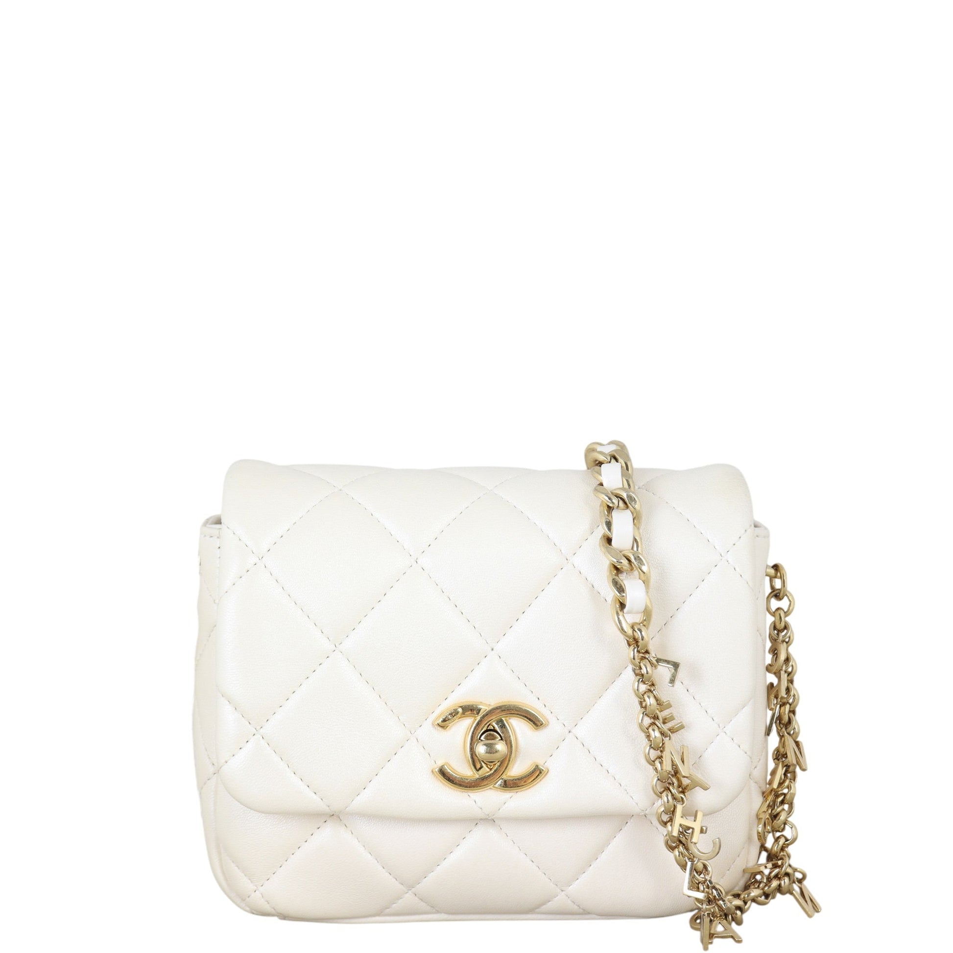 Chanel Letter Charms Chain Flap Handbag Quilted White Crossbody Bag