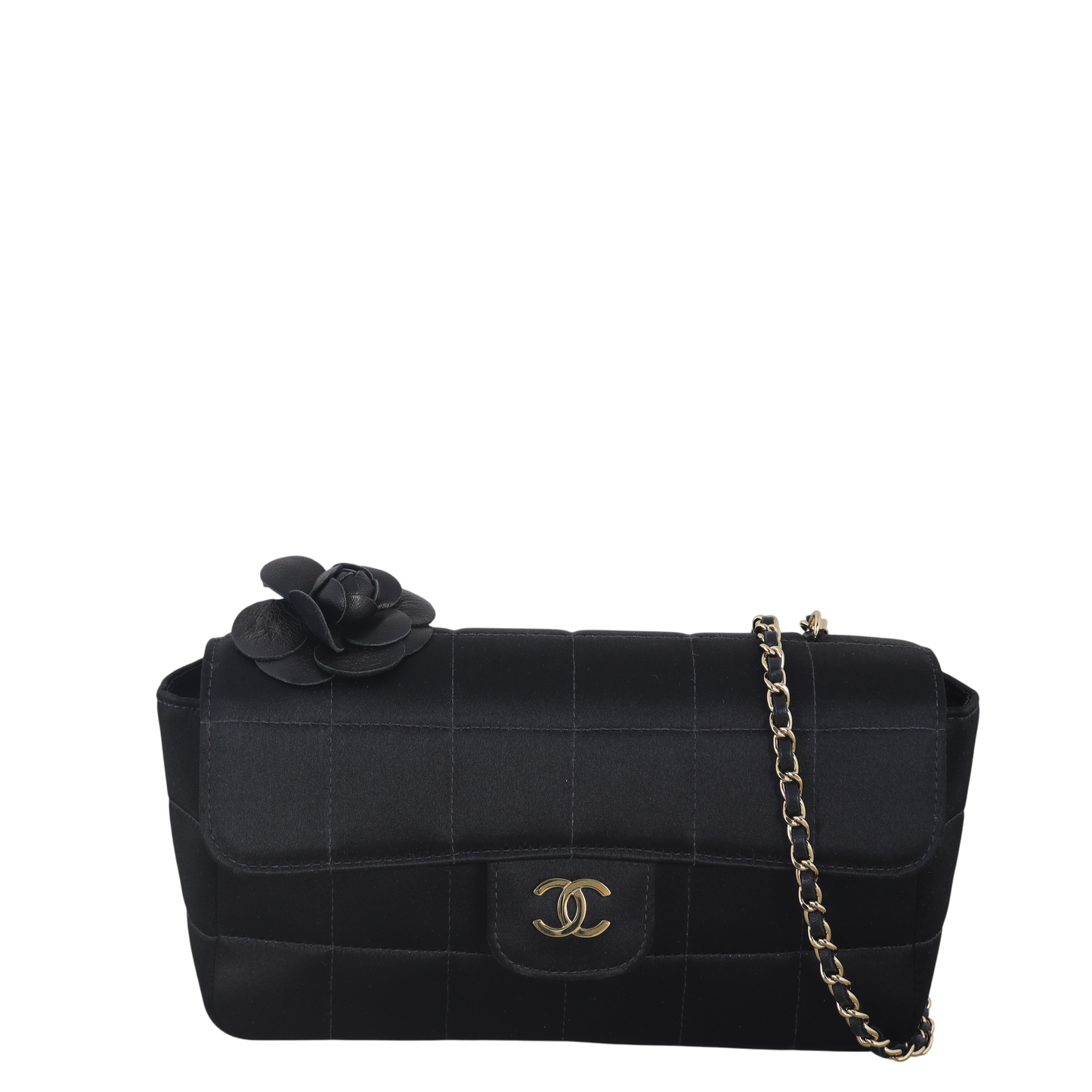 Chanel Camellia Chocolate Bar Flap Bag Mini Satin Quilted Crossbody Bag