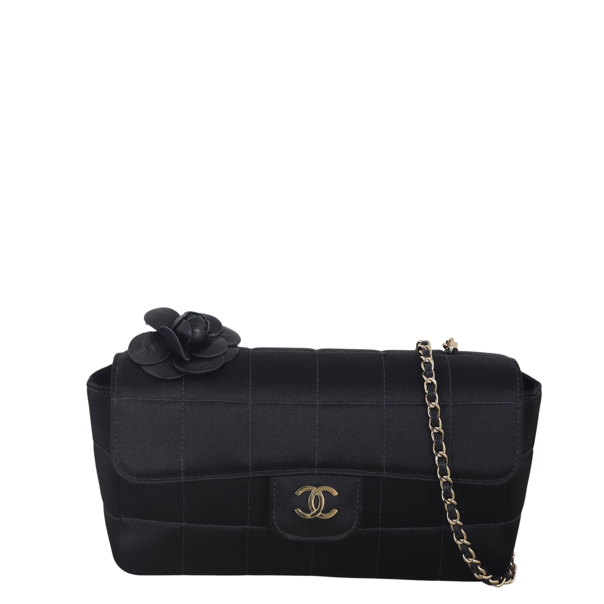 Chanel Camellia Chocolate Bar Flap Bag Mini Satin Quilted Crossbody Bag