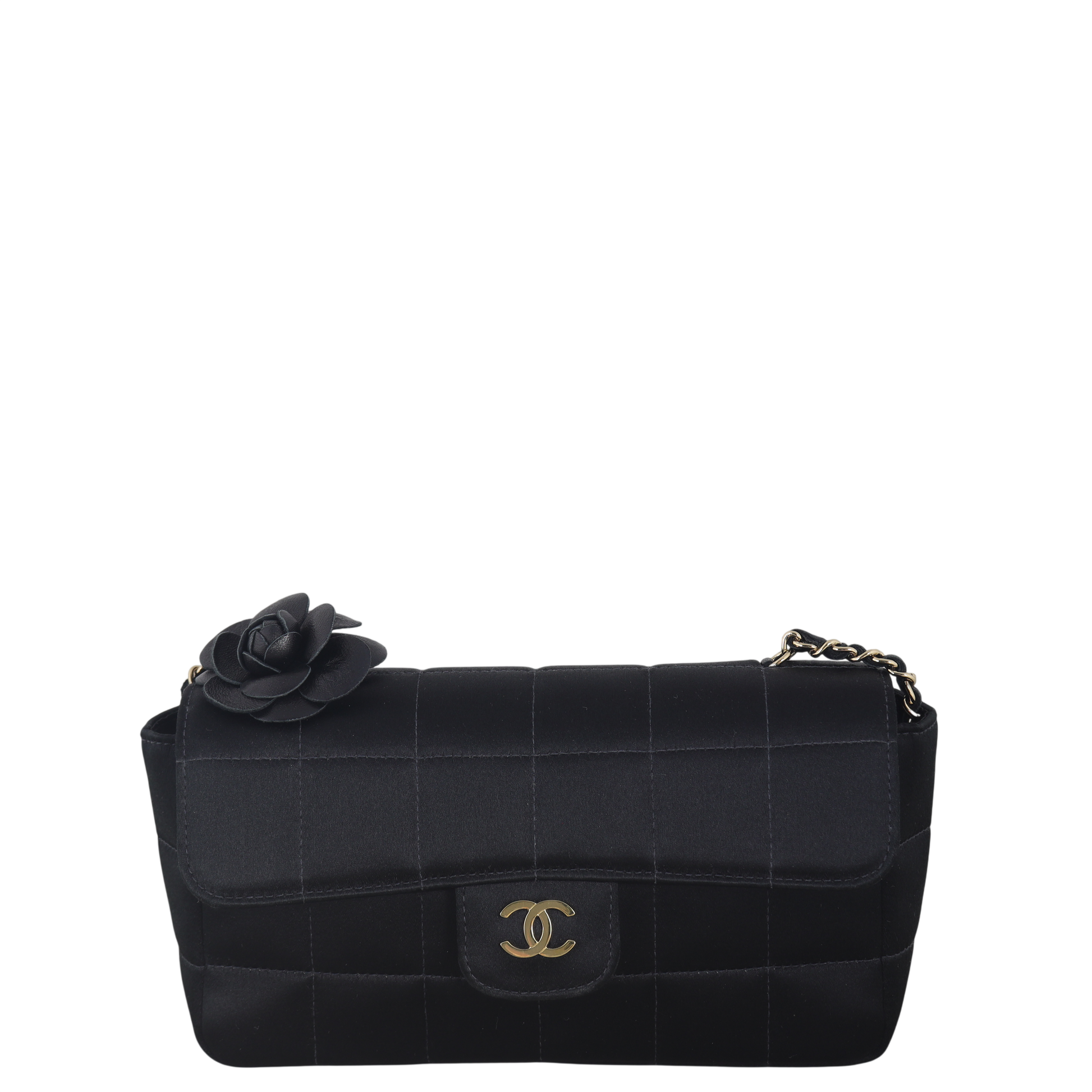Chanel Camellia Chocolate Bar Flap Bag Mini Satin Quilted Crossbody Bag