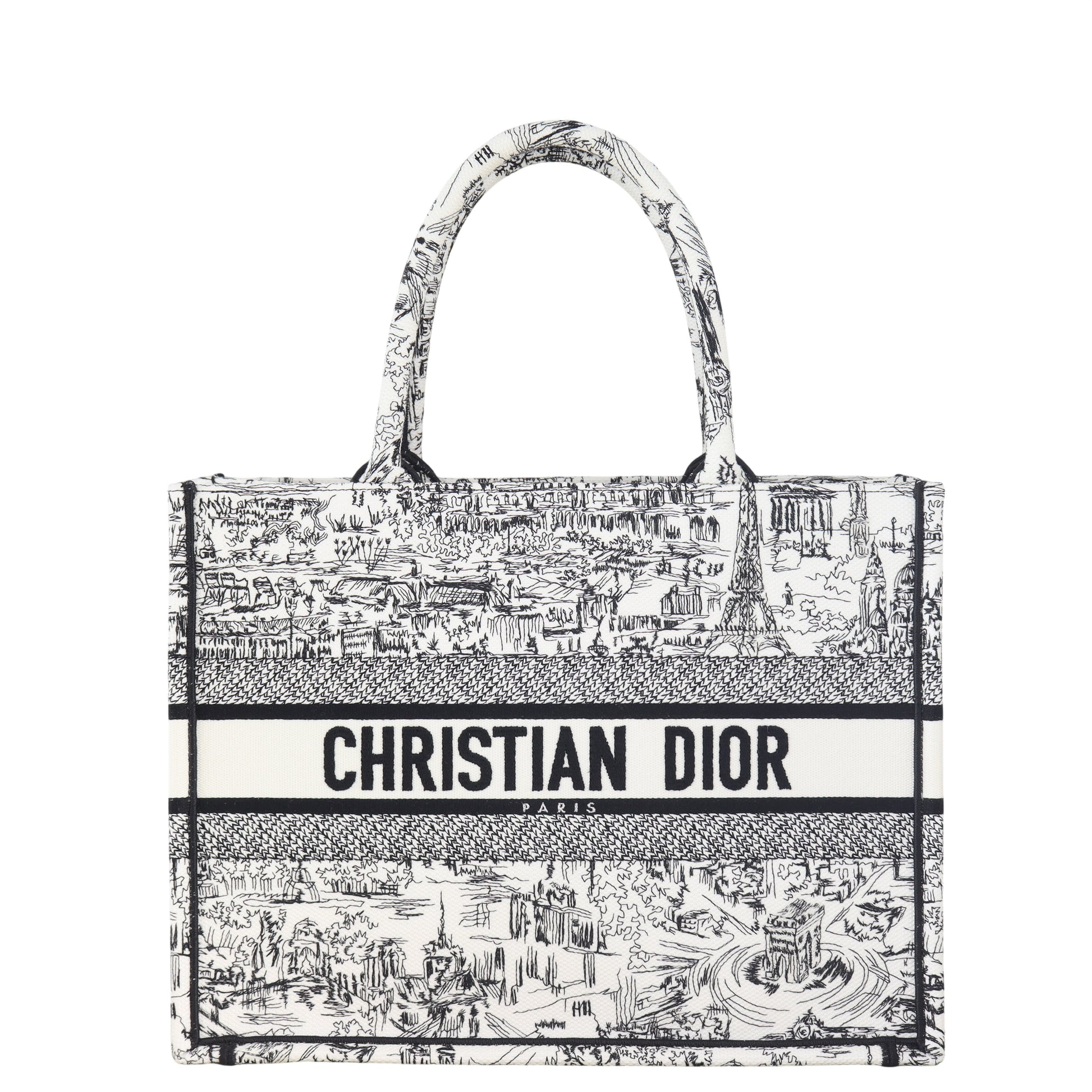 Dior Tote Bag Book Tote Paris All Over Canvas Black White