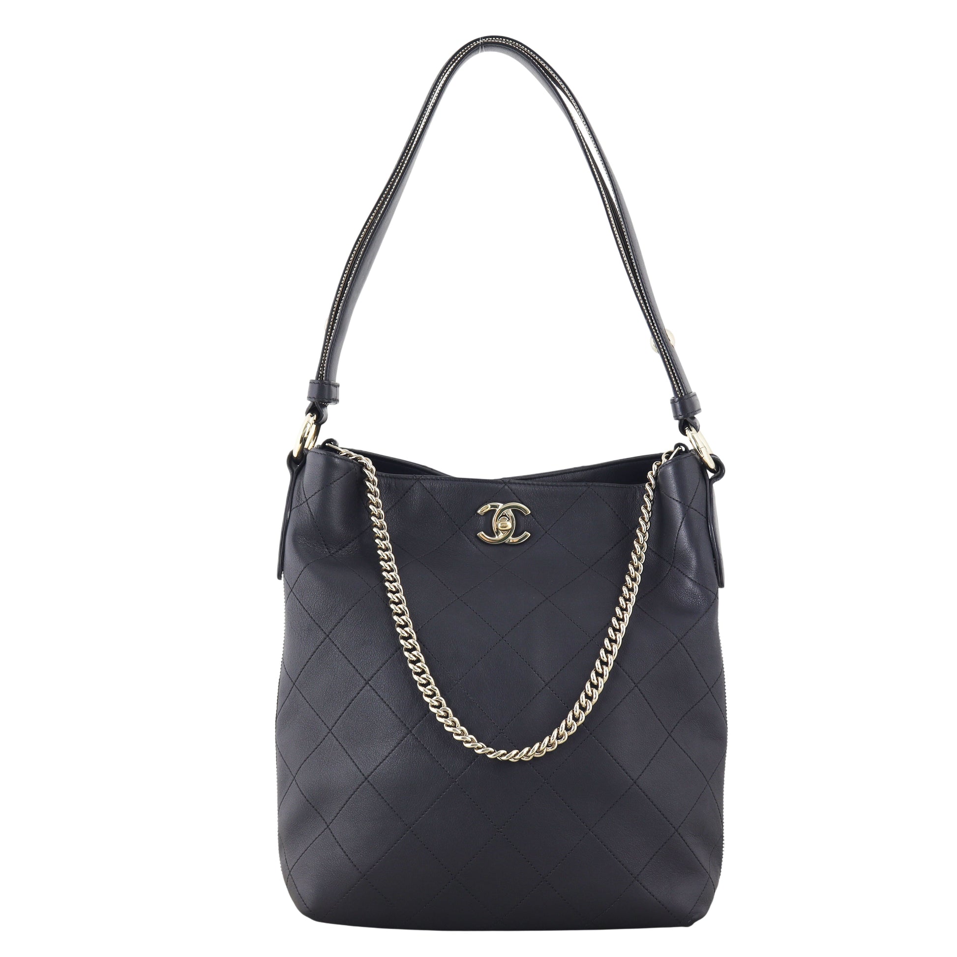 Chanel CC Side Stripes Hobo Quilted Black Hobo Bag