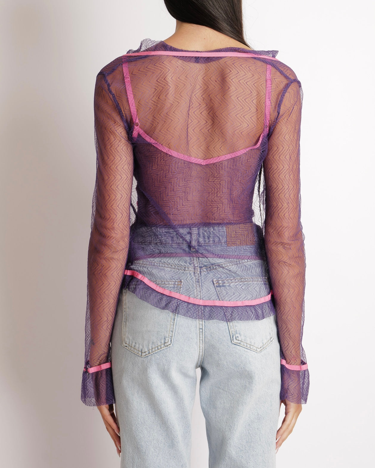 Chanel 03C Purple Lace Gilet And Multi-Colour Top Set With Pink Trims And See-Through Back Detail Size Fr 38 (Uk 10) Bag