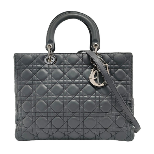Dior Lady Dark Grey Lambskin Cannage Hardware Handbag Leather Silver Travel Bag