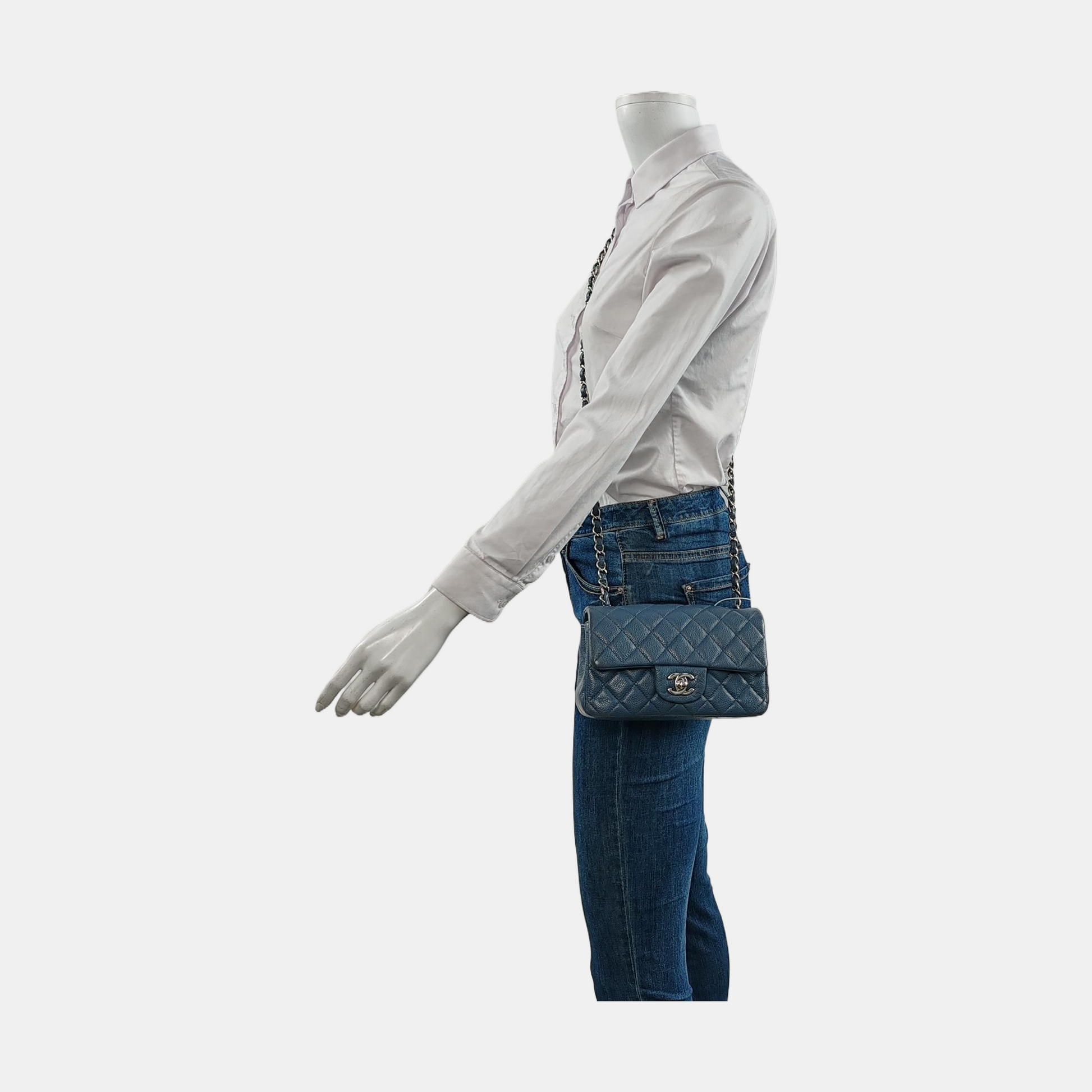 Chanel Classic Flap Rectangular Navy Caviar Hardware Silver Leather Mini Bag Silver Hardware