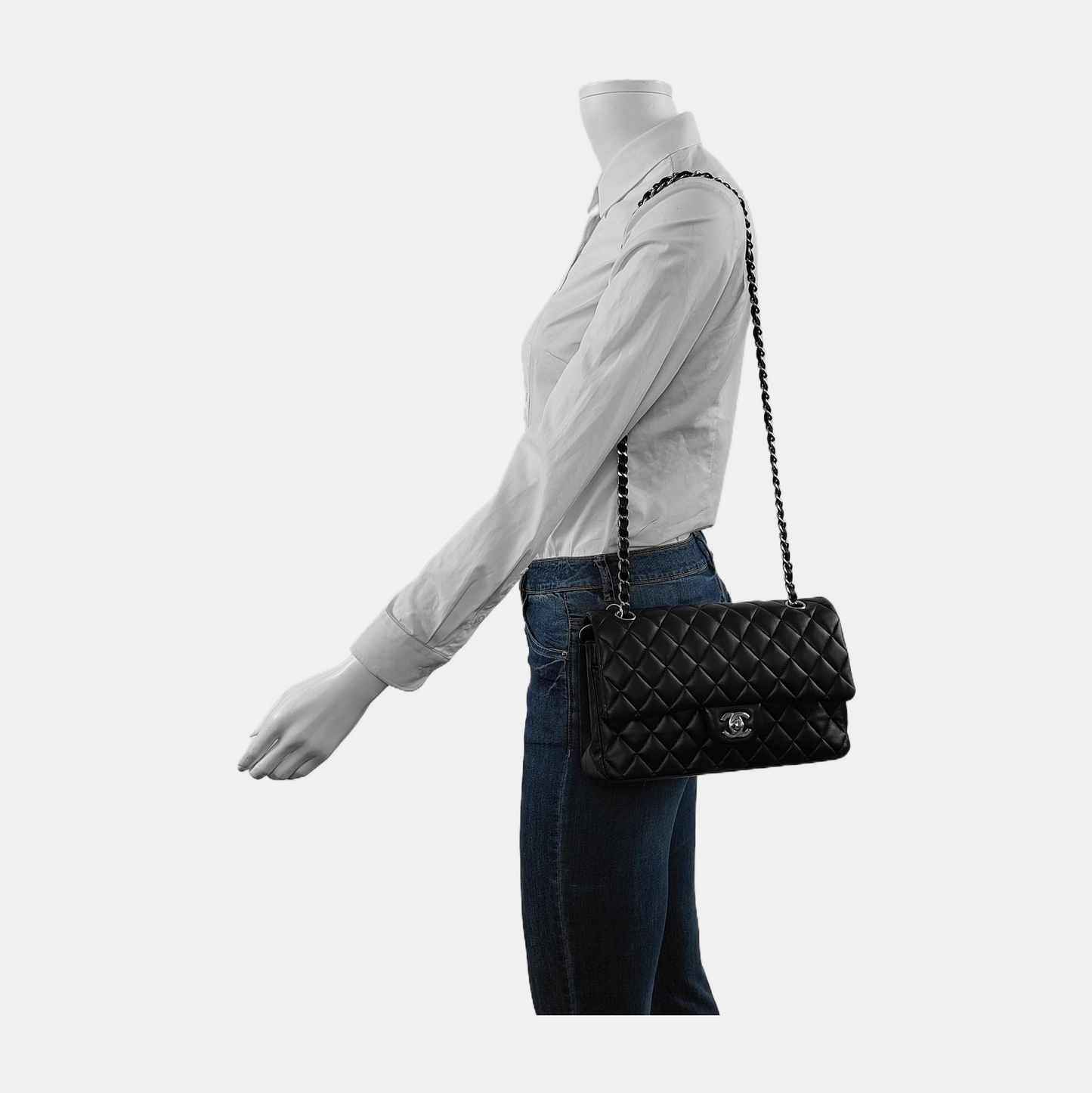 Chanel Timeless Classic Flap Lambskin Hardware Black Silver Leather Handbag 3