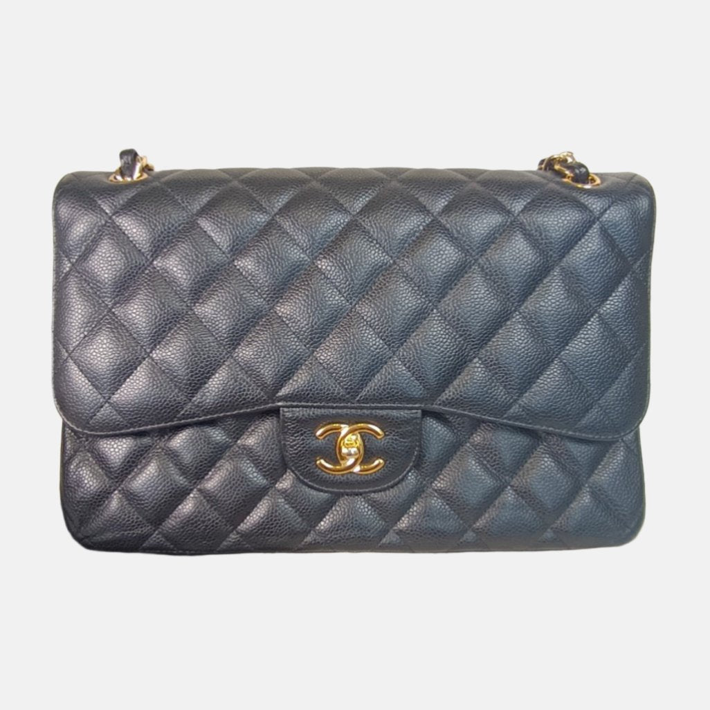 Chanel Classic Flap Jumbo Caviar Double Flap Black Gold Leather Handbag 3