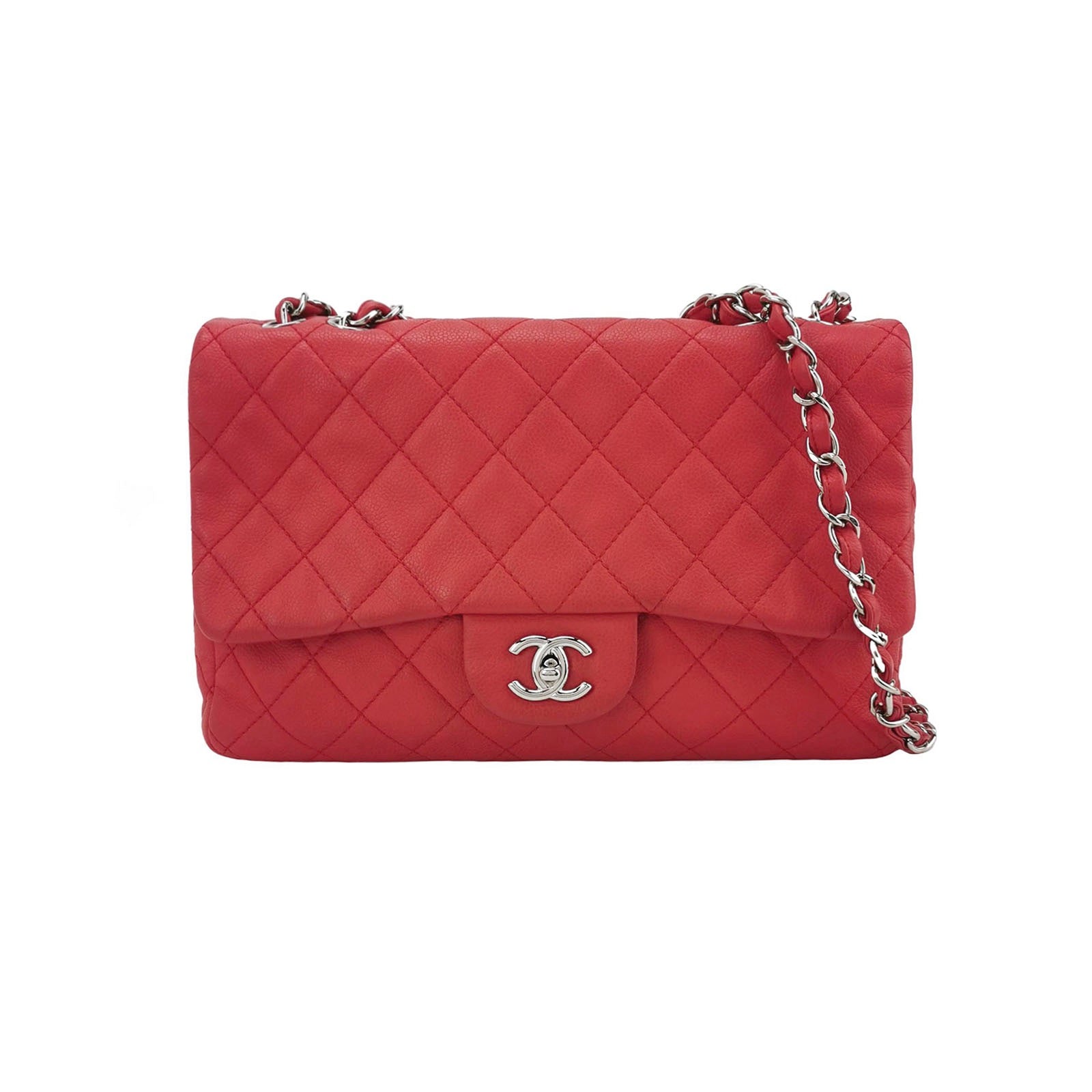 Chanel Classic Flap Jumbo Caviar Single Flap Red Silver Leather Handbag