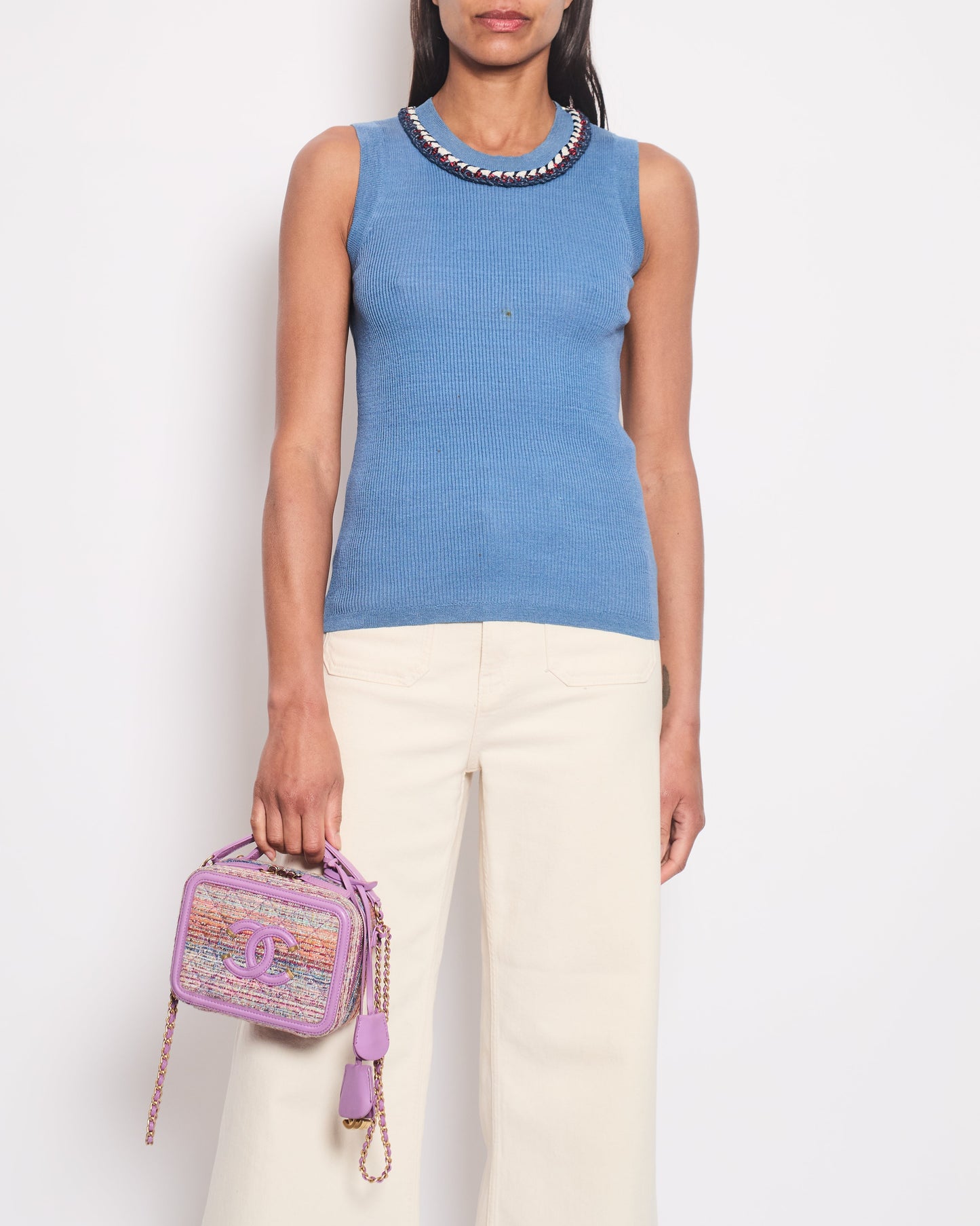 Chanel Blue Ribbed Knit Sleeveless Top With Red, White & Blue Tweed Embroidered Trim And Cc Button Detail Fr 36 (Uk 8) Bag