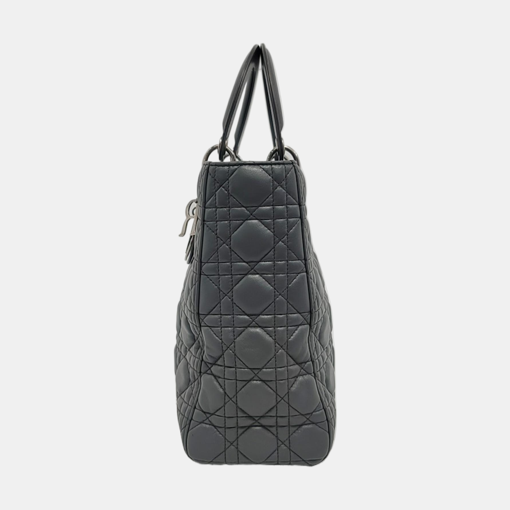 Dior Lady Dark Grey Lambskin Cannage Hardware Handbag Leather Silver Travel Bag