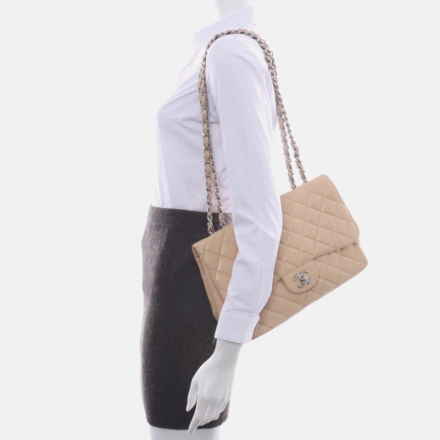 Chanel Classic Flap Jumbo Caviar Single Flap Silver Beige Leather Handbag