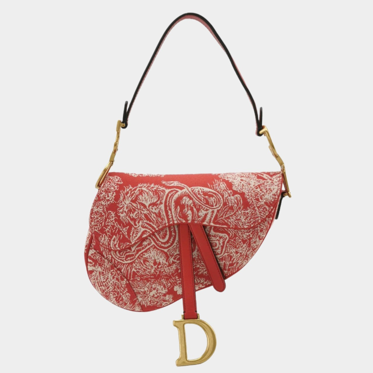 Dior Christian Saddle Rain Forest Prints Handbag Canvas Red Travel Bag