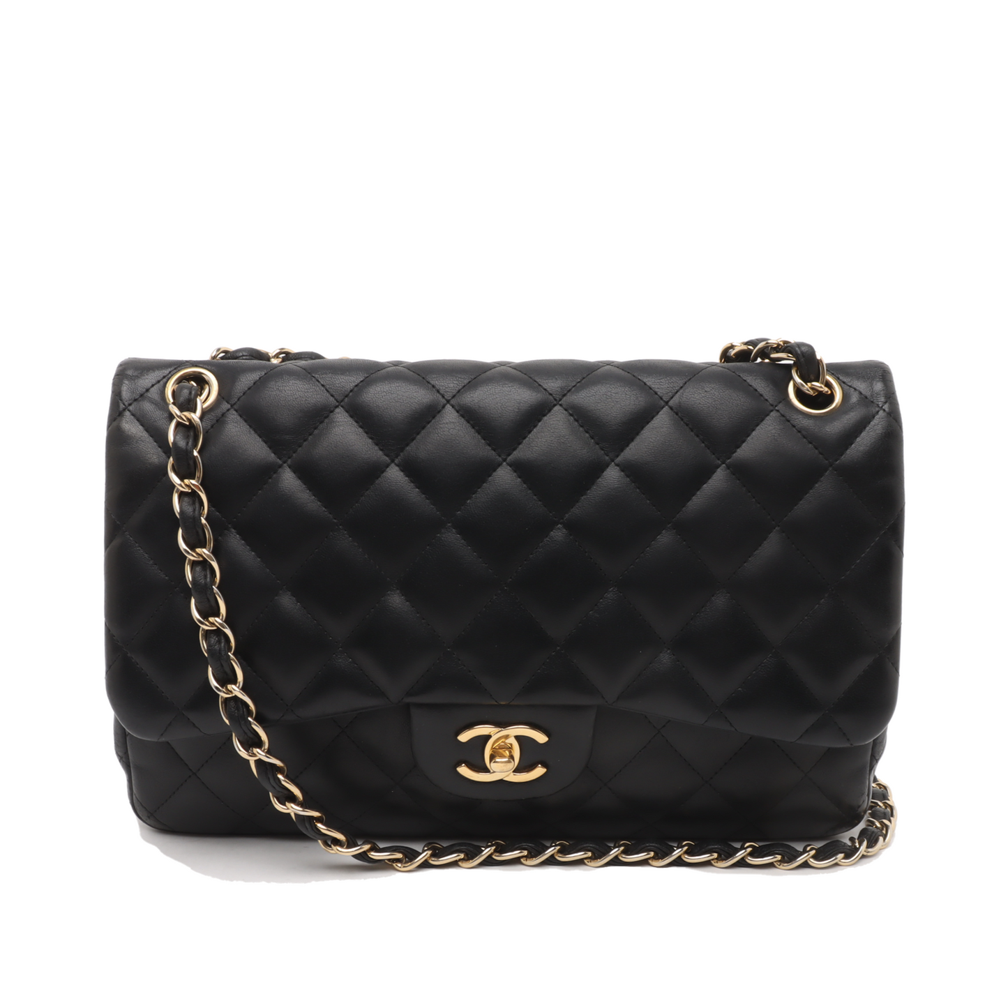Chanel Classic Flap Jumbo Lambskin Double Flap Black Gold Leather Handbag Gold Hardware