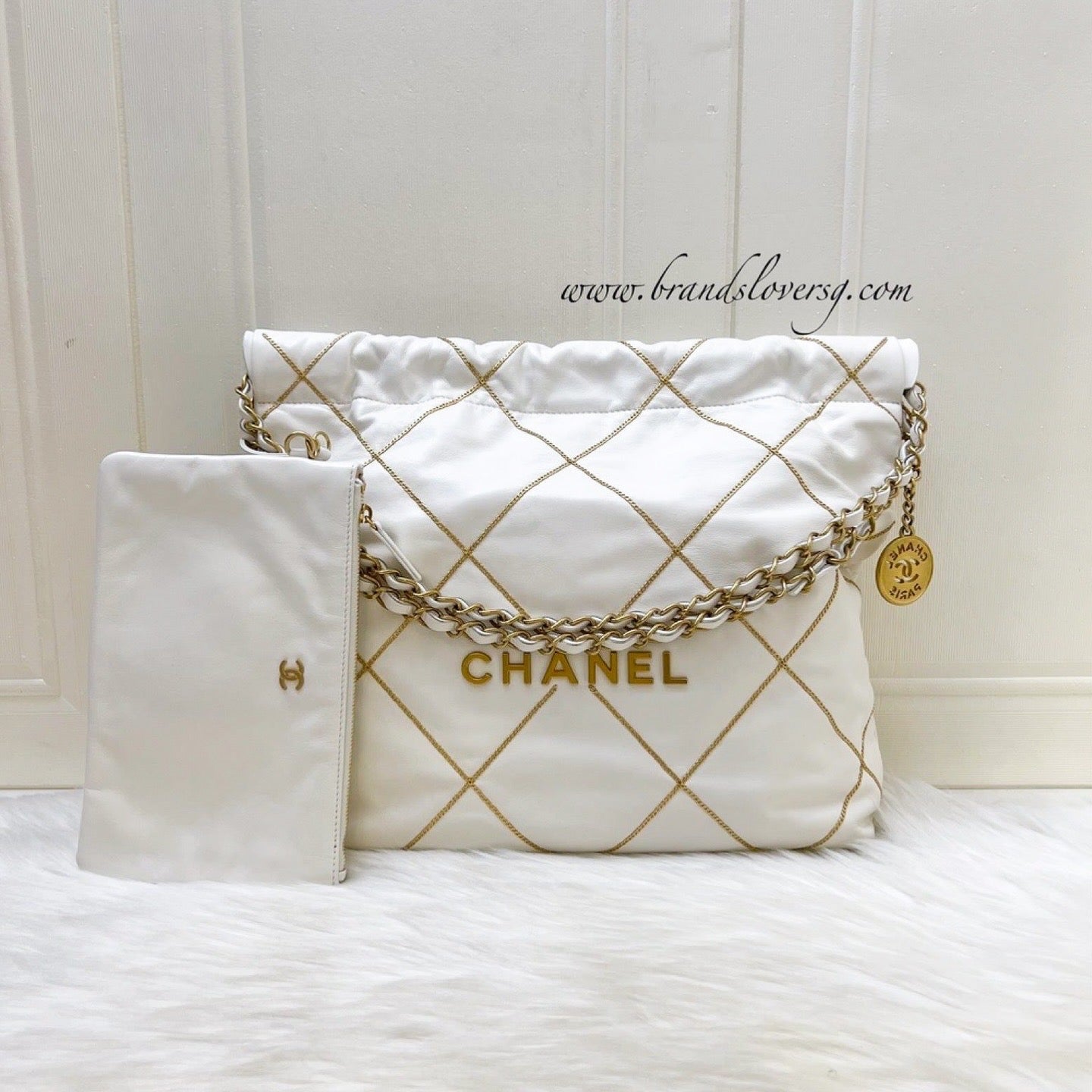 Chanel 22 Small Hobo Handbag in White Shiny Calfskin and Aghw ( )