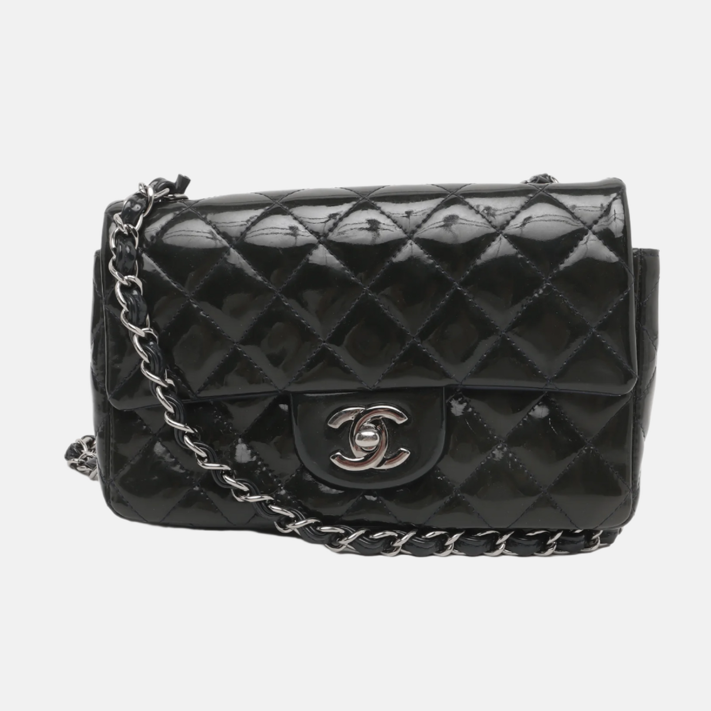 Chanel Classic Flap Rectangular Dark Patent HW Green Silver Leather Mini Bag
