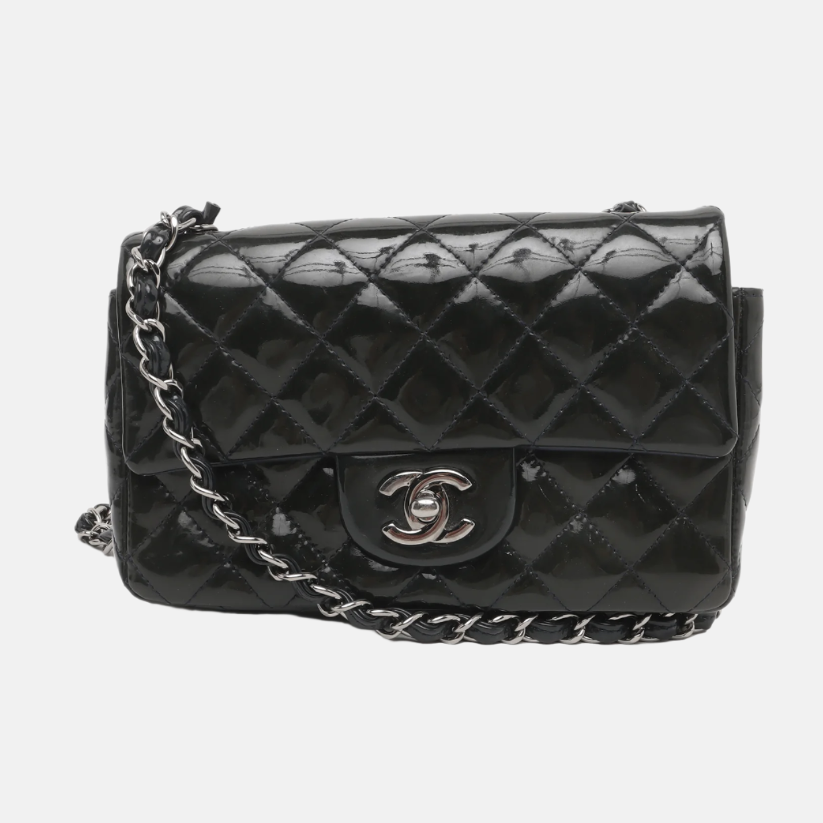 Chanel Classic Flap Rectangular Dark Patent HW Green Silver Leather Mini Bag
