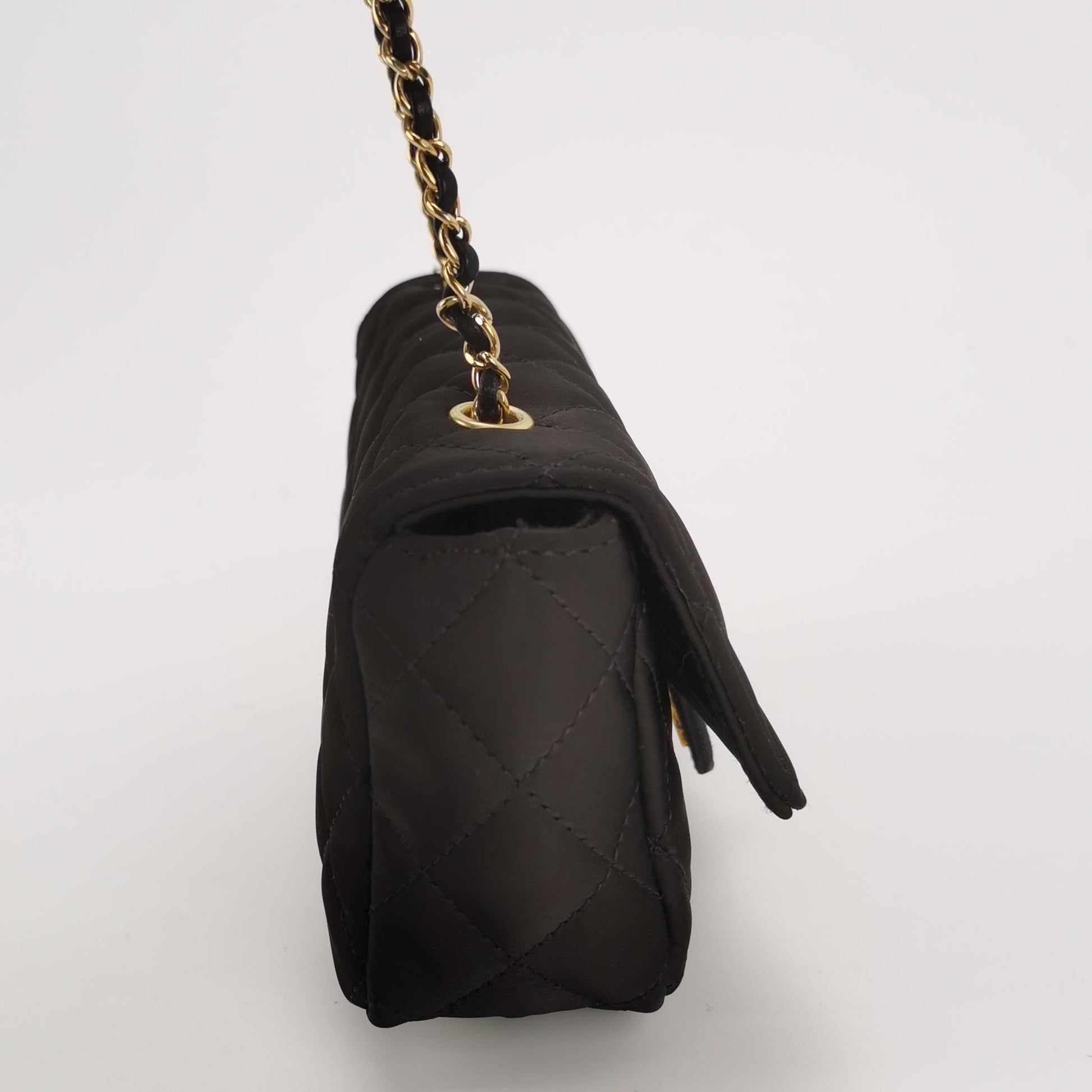 Chanel Classic Flap Extra Silk Satin Quilted Black Gold Mini Bag