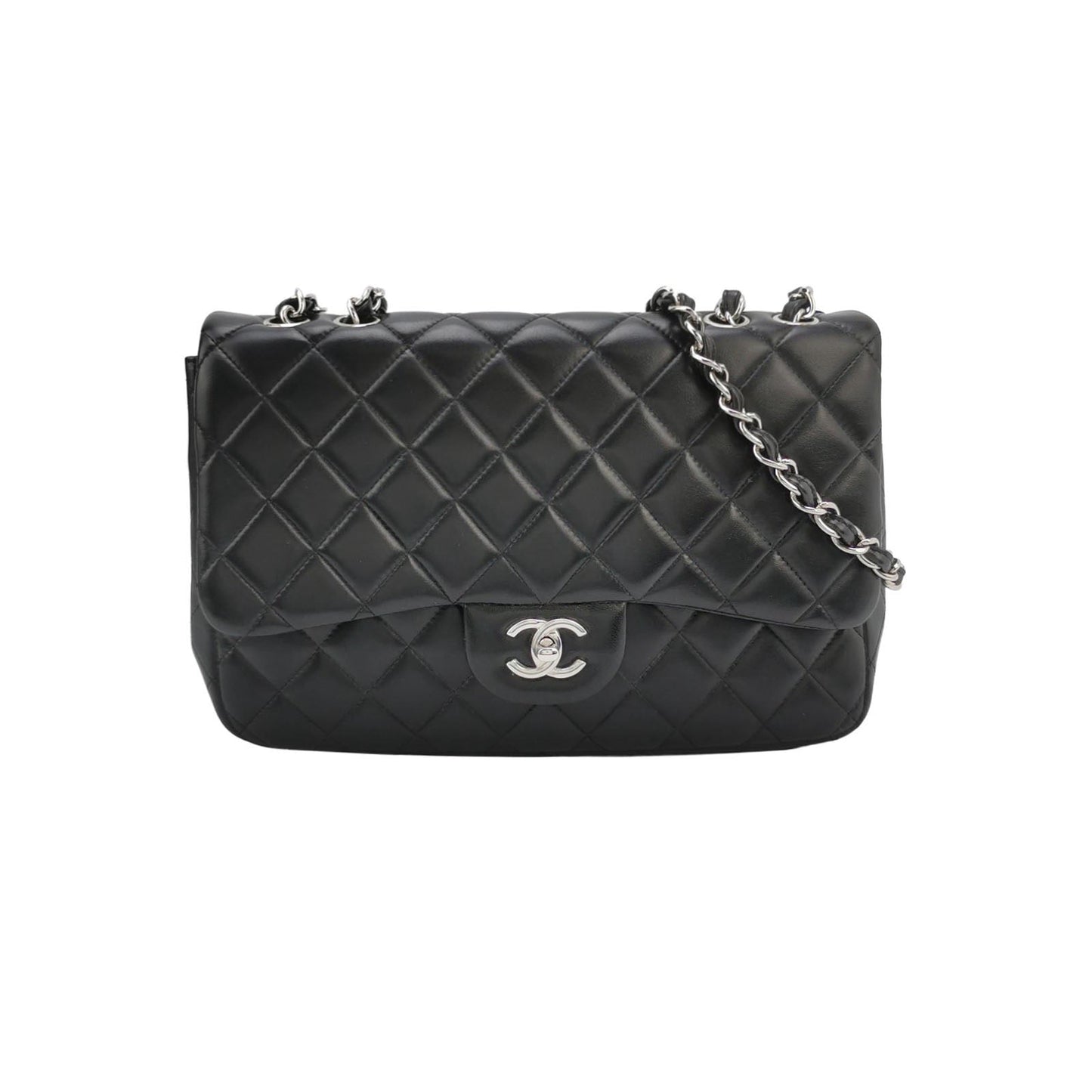 Chanel Classic Flap Jumbo Lambskin Single Flap Black Silver Leather Handbag Silver Hardware