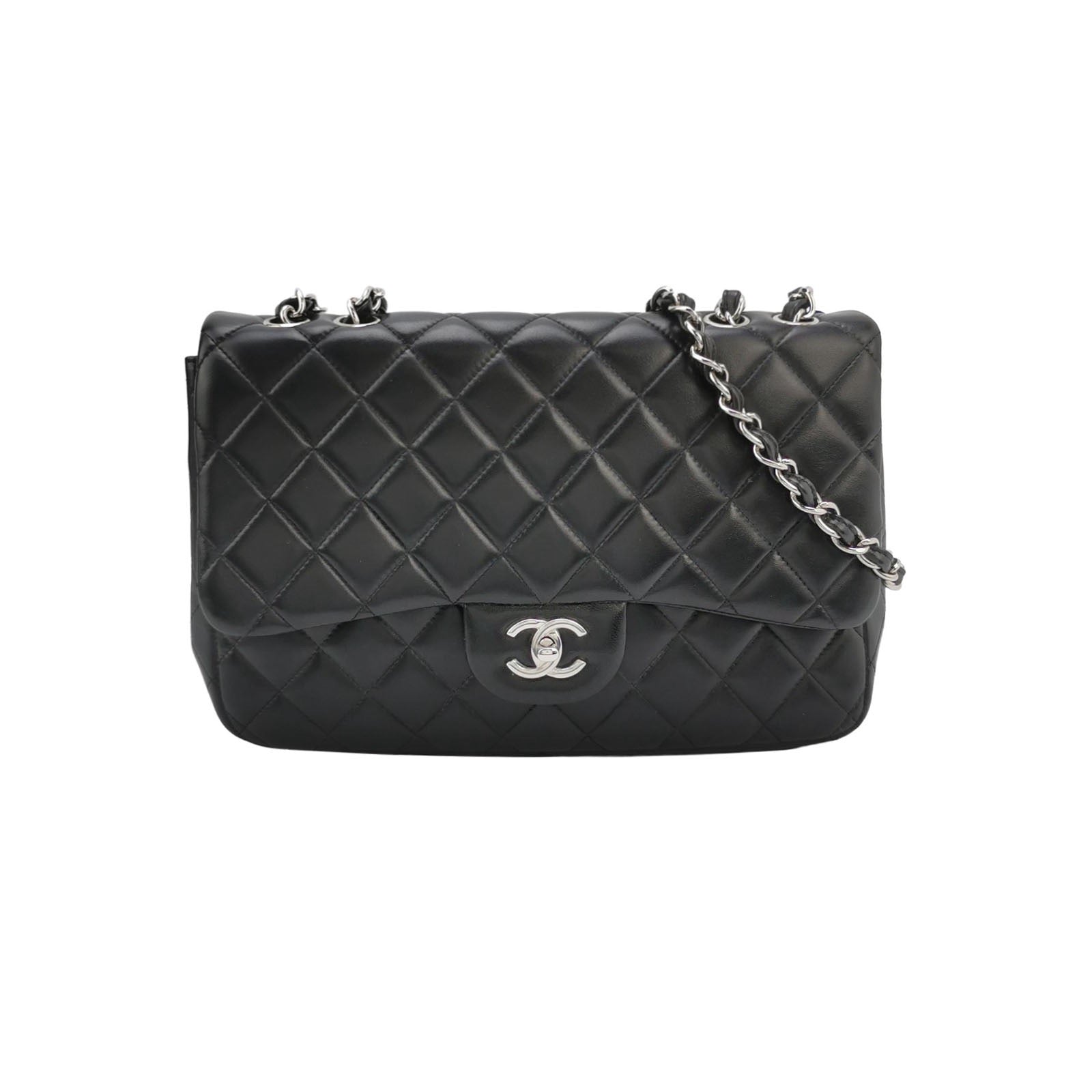 Chanel Classic Flap Jumbo Lambskin Single Flap Black Silver Leather Handbag Silver Hardware
