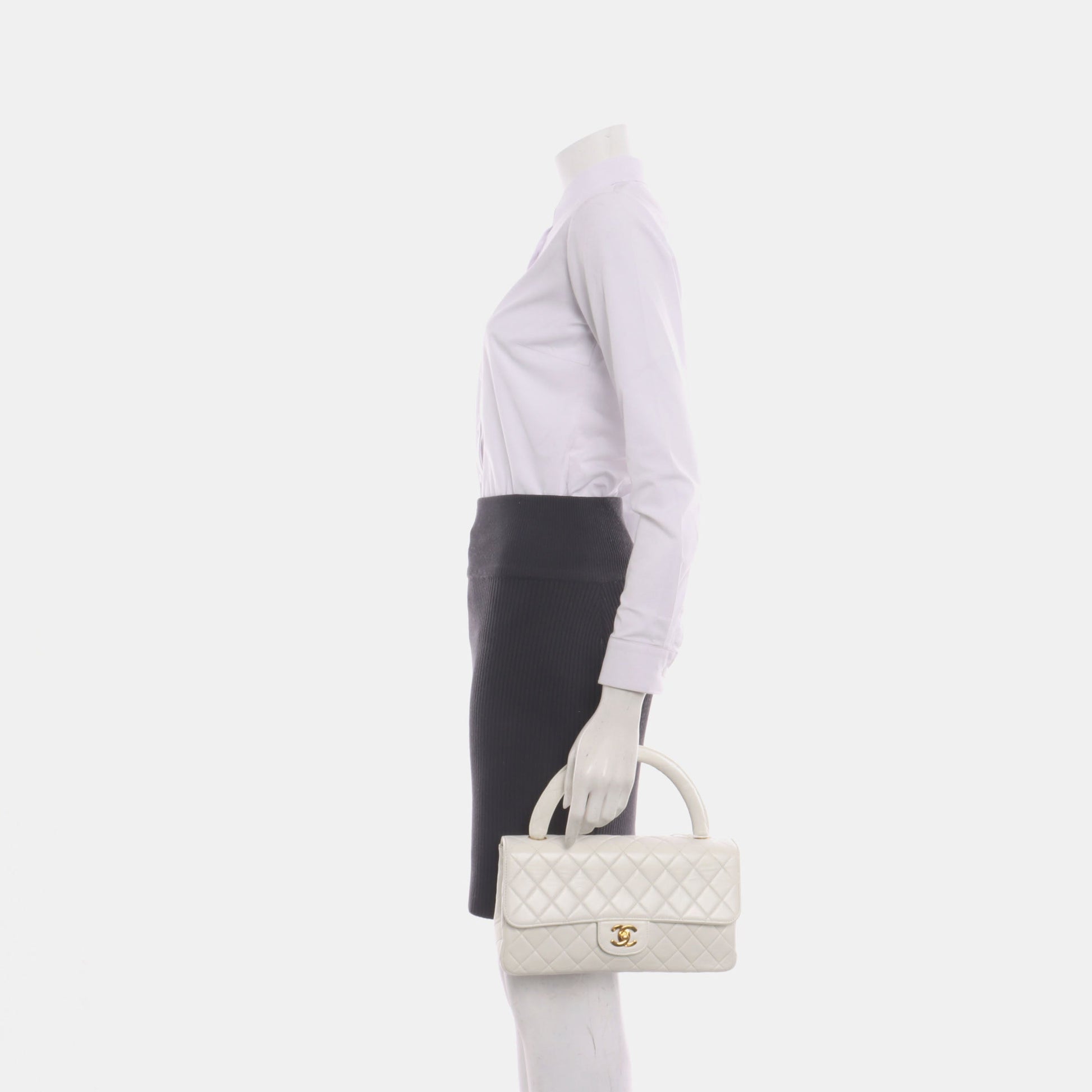 Chanel Kelly Parent Top Handle Flap Lambskin White Gold Leather Shoulder Bag