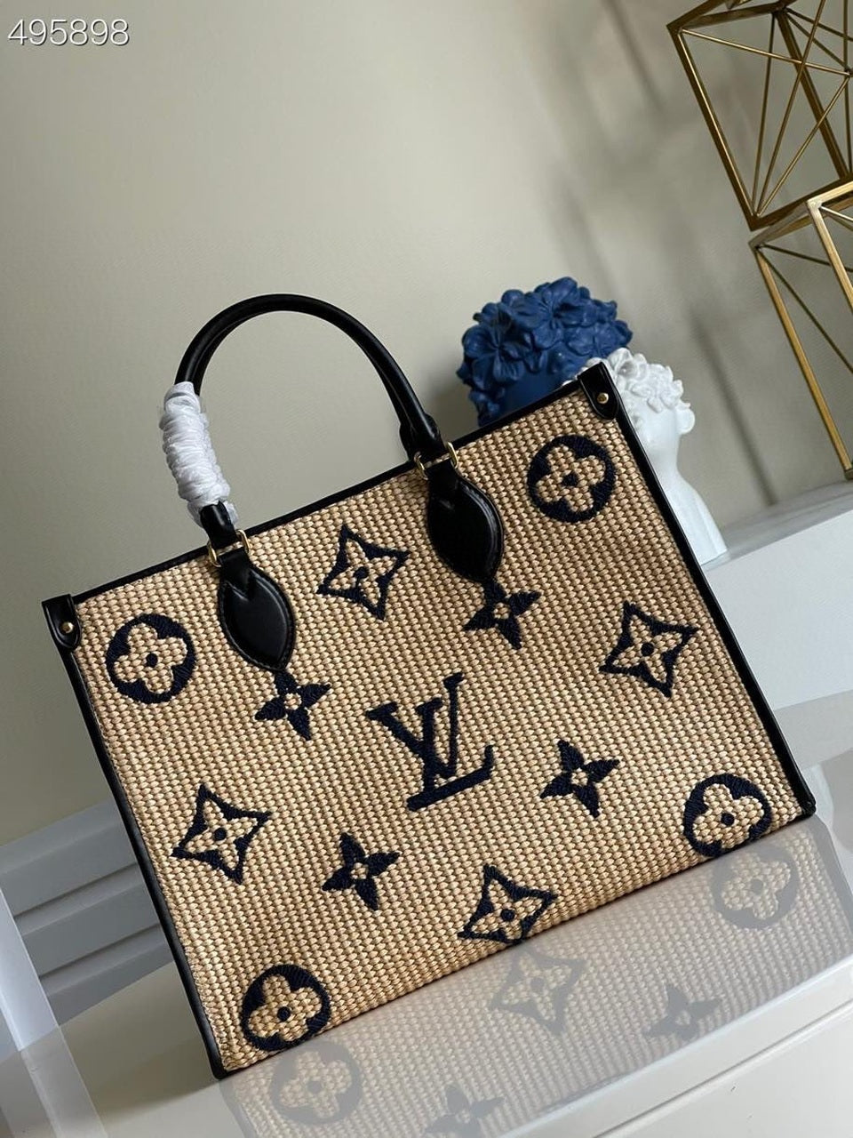 Top Quality Onthego Mm Tote Bag Navy Raffia Monogram Shoulder Bag