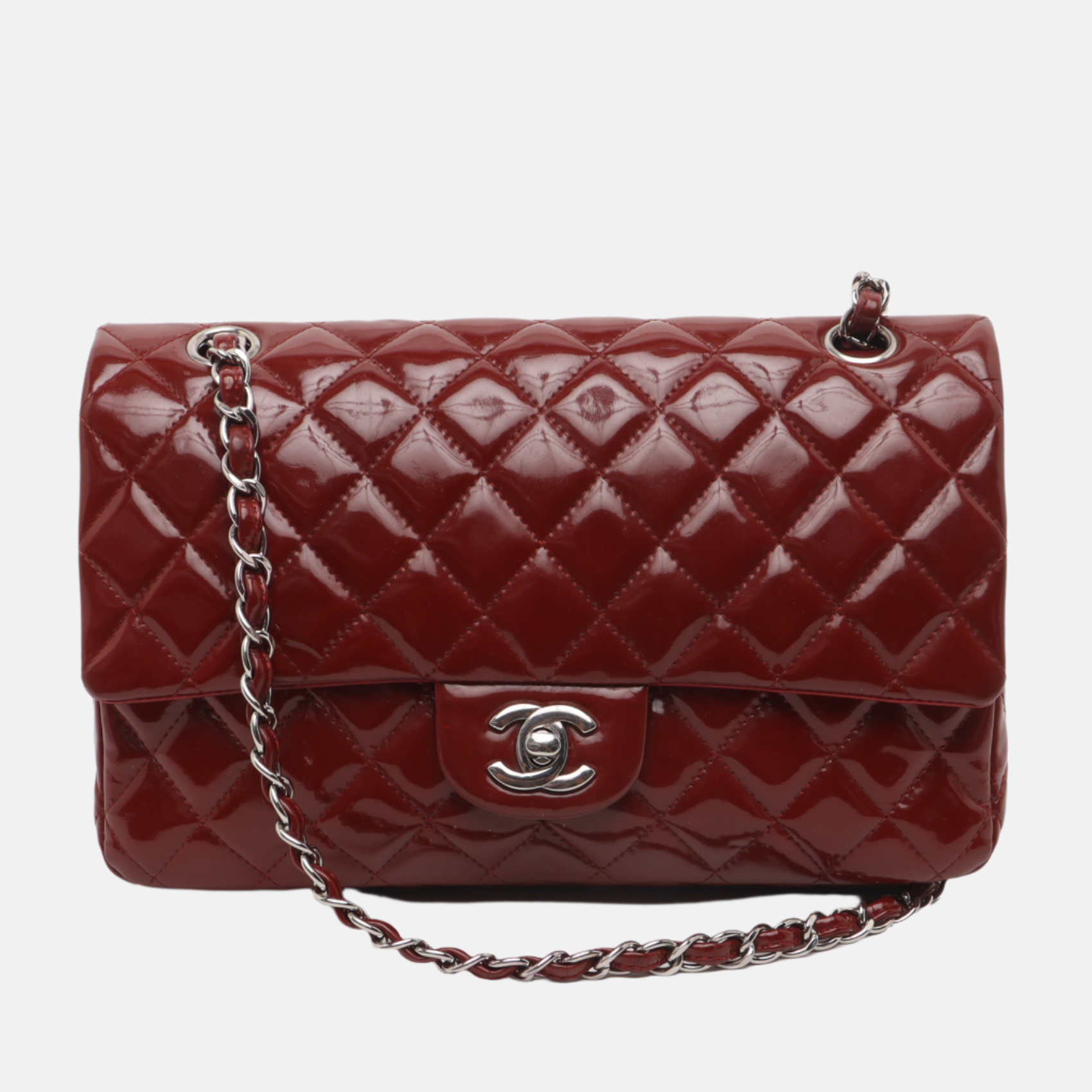 Chanel Classic Flap Burgundy Patent HW Silver Leather Handbag
