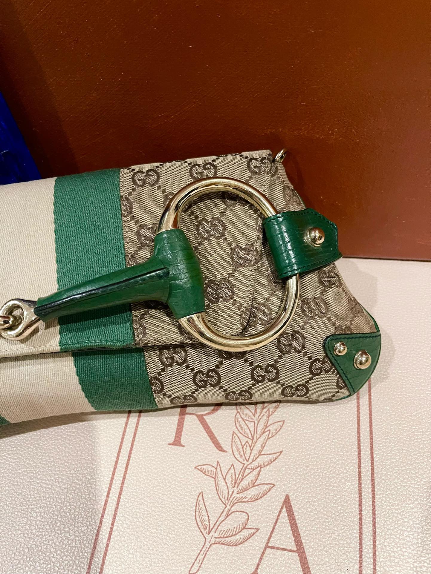 Gucci Horsebit Chain Cloth Studs Monogram Leather Green Gold Travel Bag