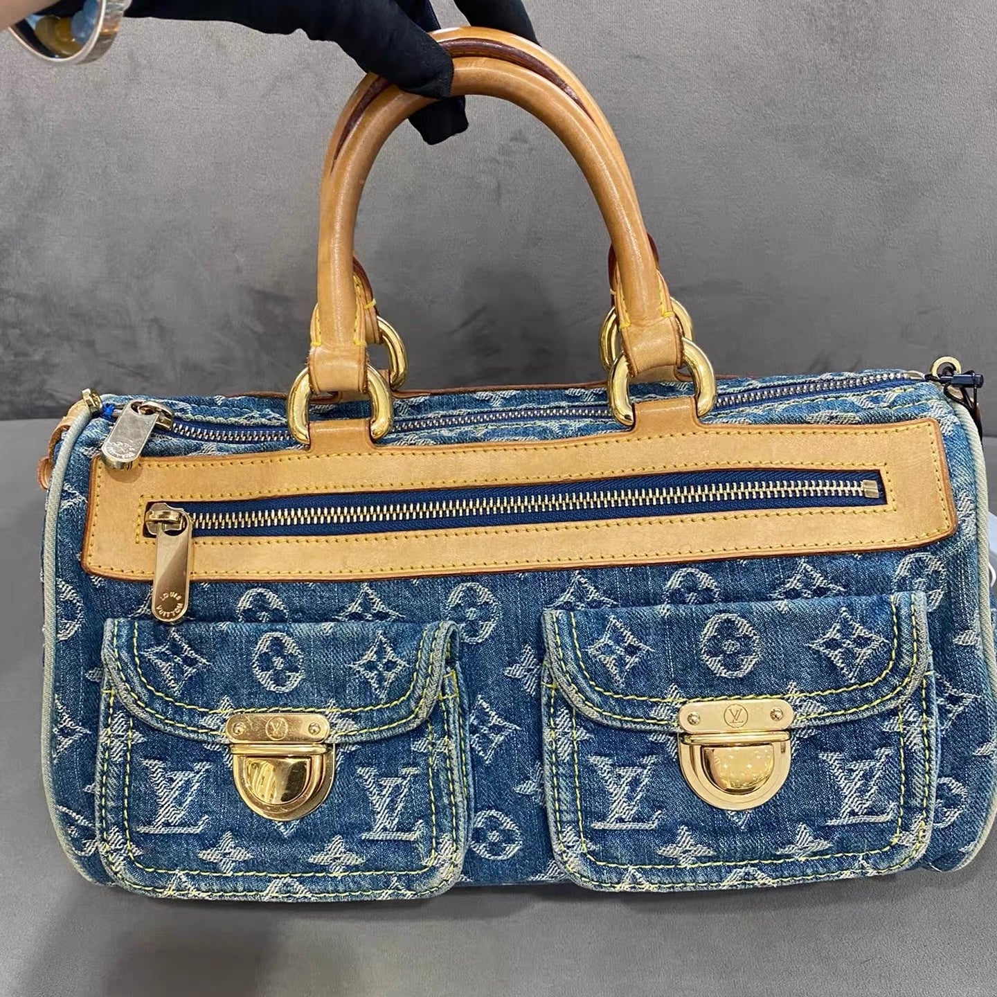 Louis Vuitton Neo Speedy Denim Boston Leather Blue Travel Bag