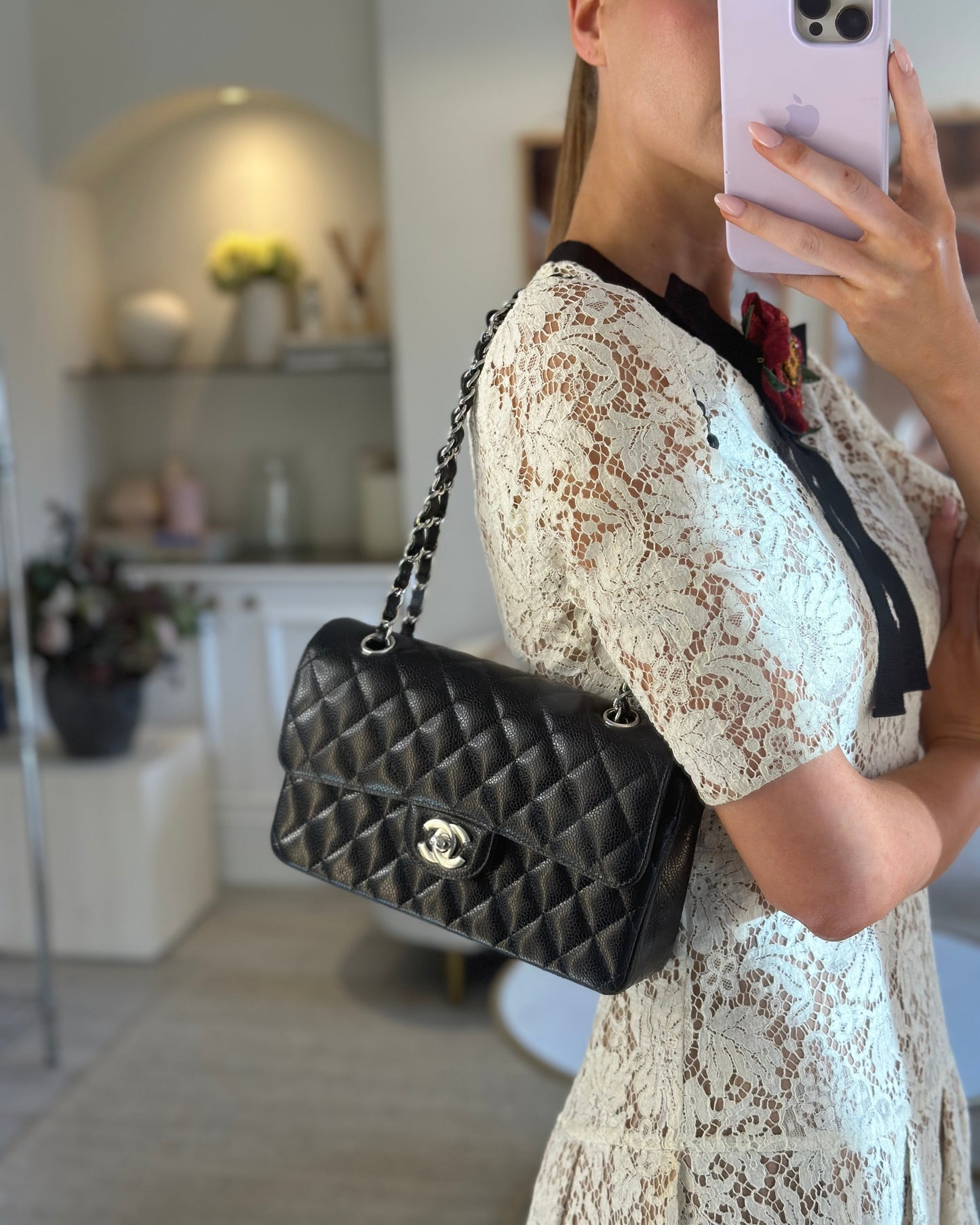 Chanel Black Small Classic Double Flap Bag In Caviar Leather With Silver Hardware