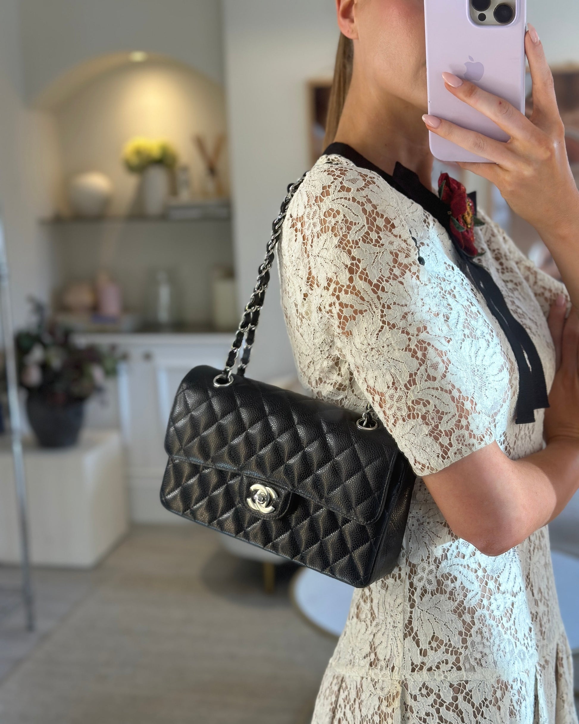 Chanel Black Small Classic Double Flap in Caviar Leather with Silver Hardware Jewelry