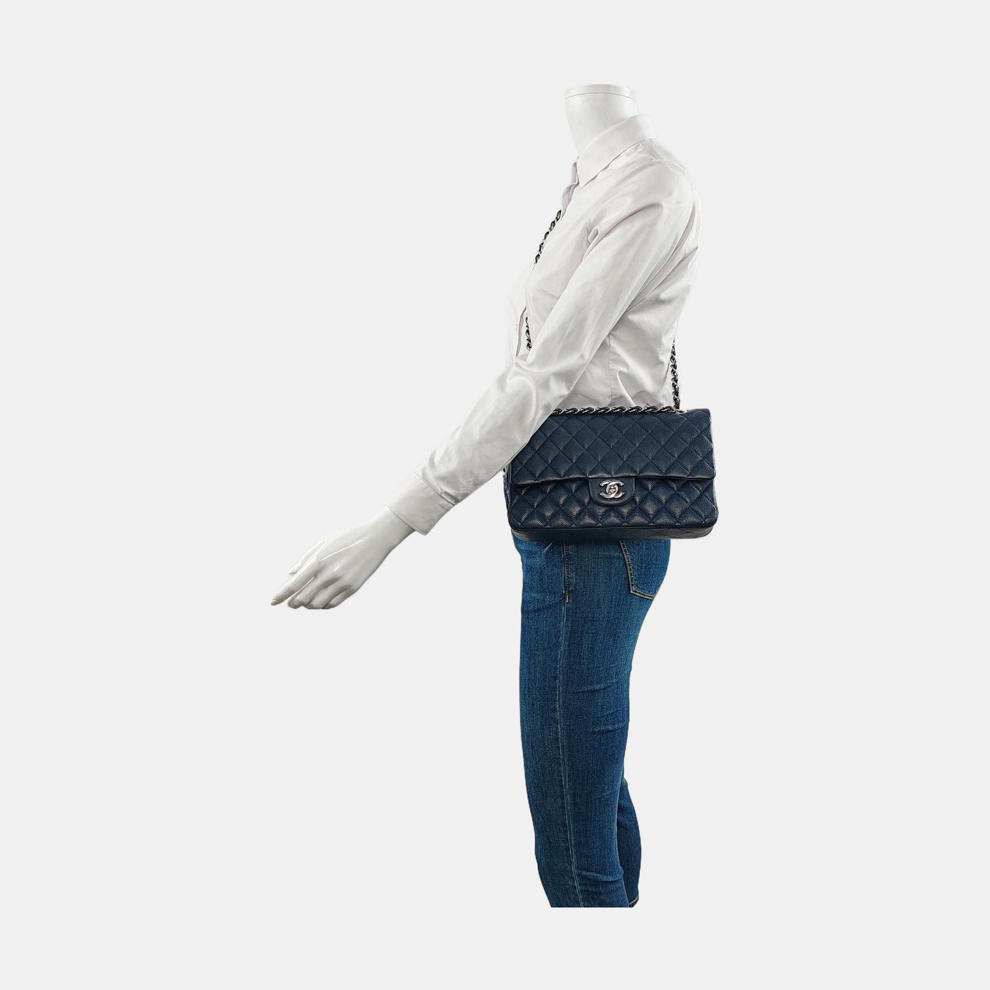 Chanel Classic Flap Navy Caviar Hardware Silver Leather Handbag