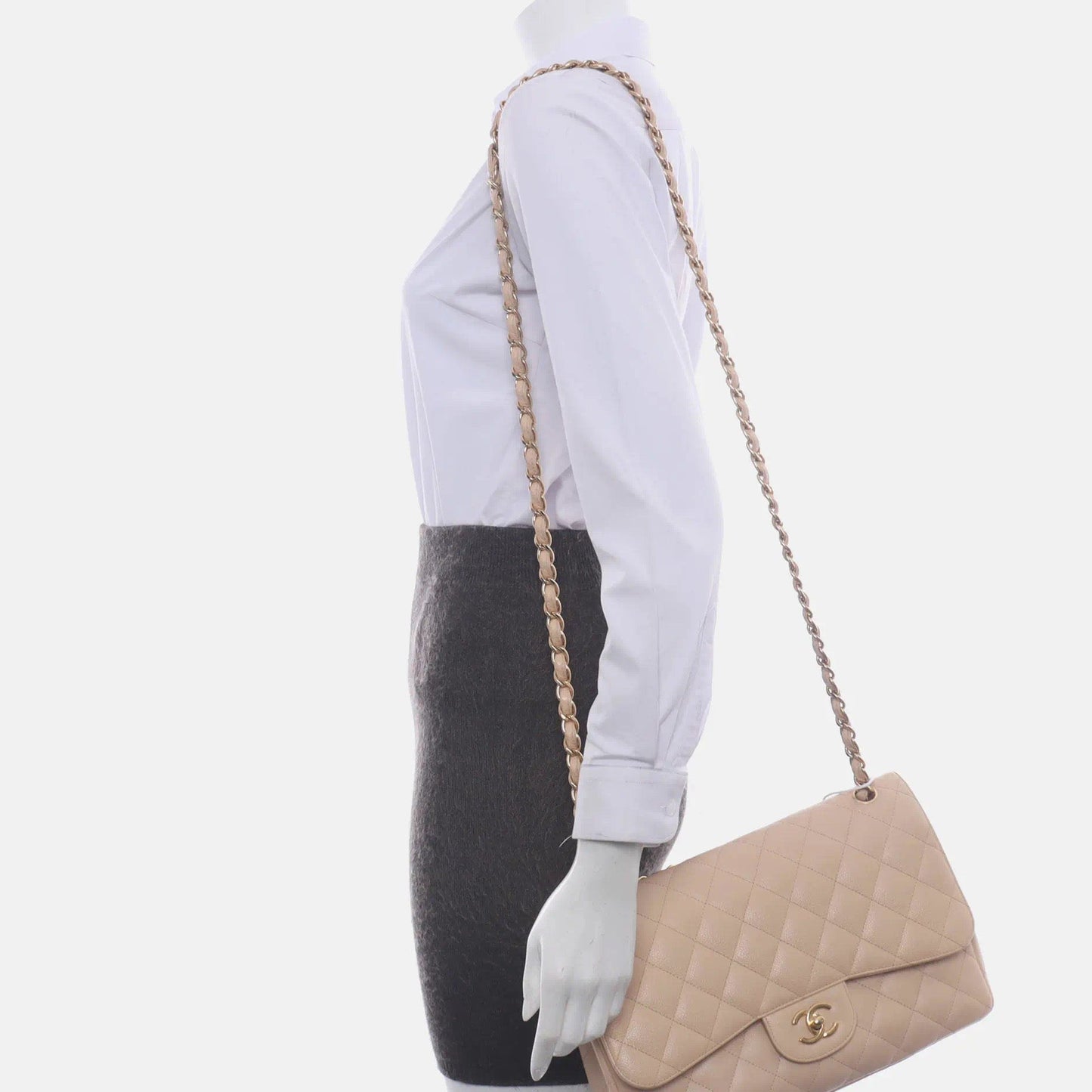 Chanel Classic Flap Jumbo Caviar Doublr Flap Gold Beige Leather Handbag