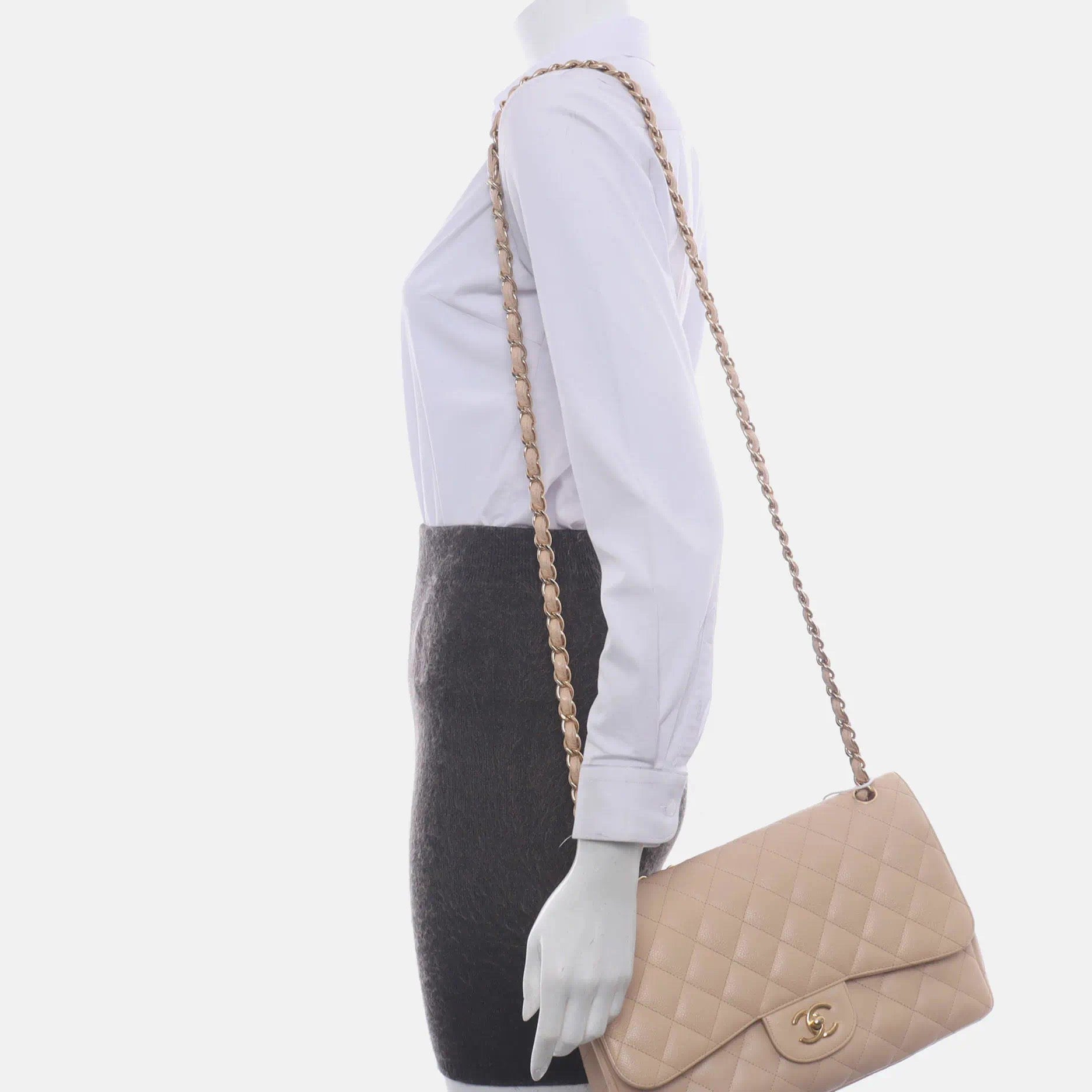Chanel Classic Flap Jumbo Caviar Doublr Flap Gold Beige Leather Handbag