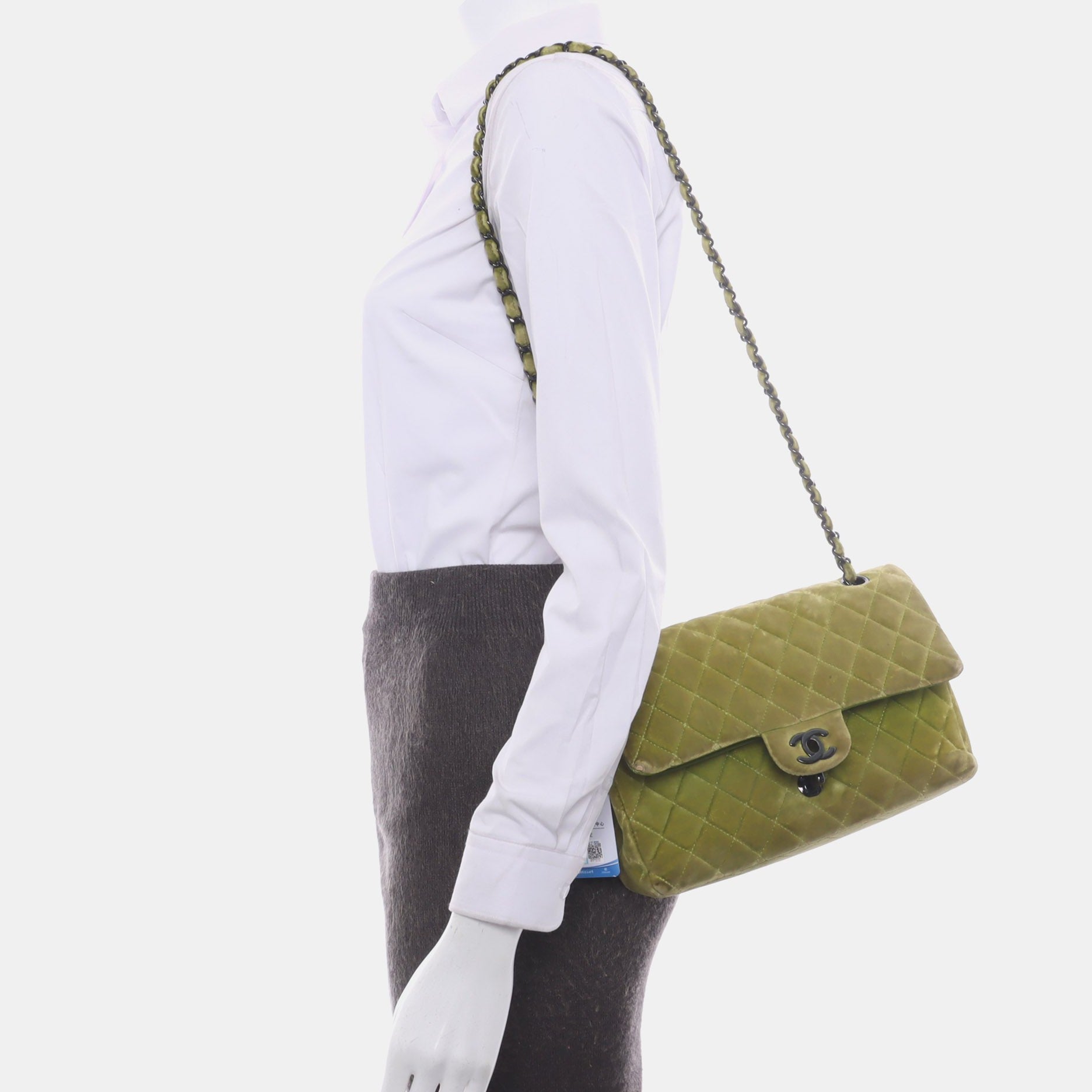Chanel Classic Flap Velvet Hardware Black Green Handbag