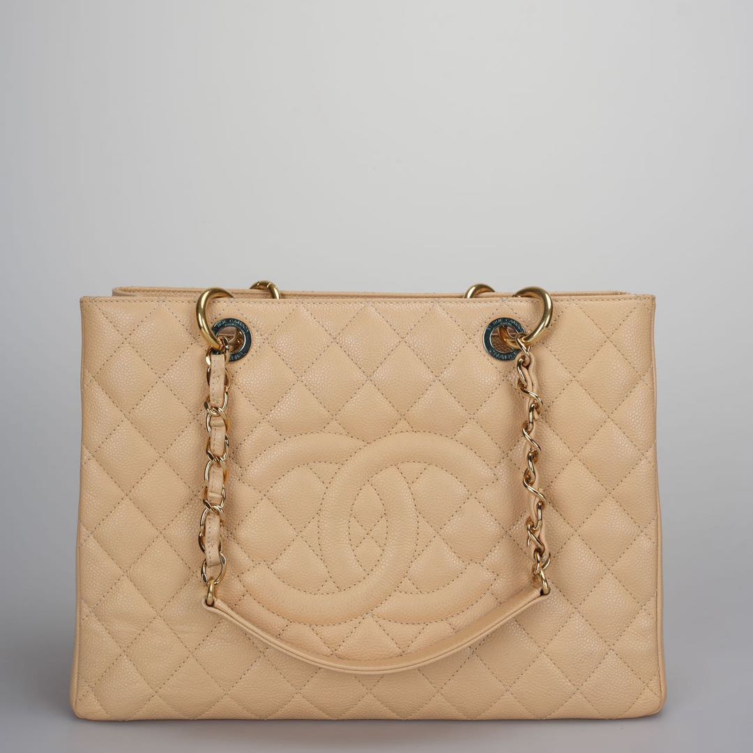 Chanel beige Grand Shopping Tote Beige GST Bag in Caviar Leather with Gold Hardware