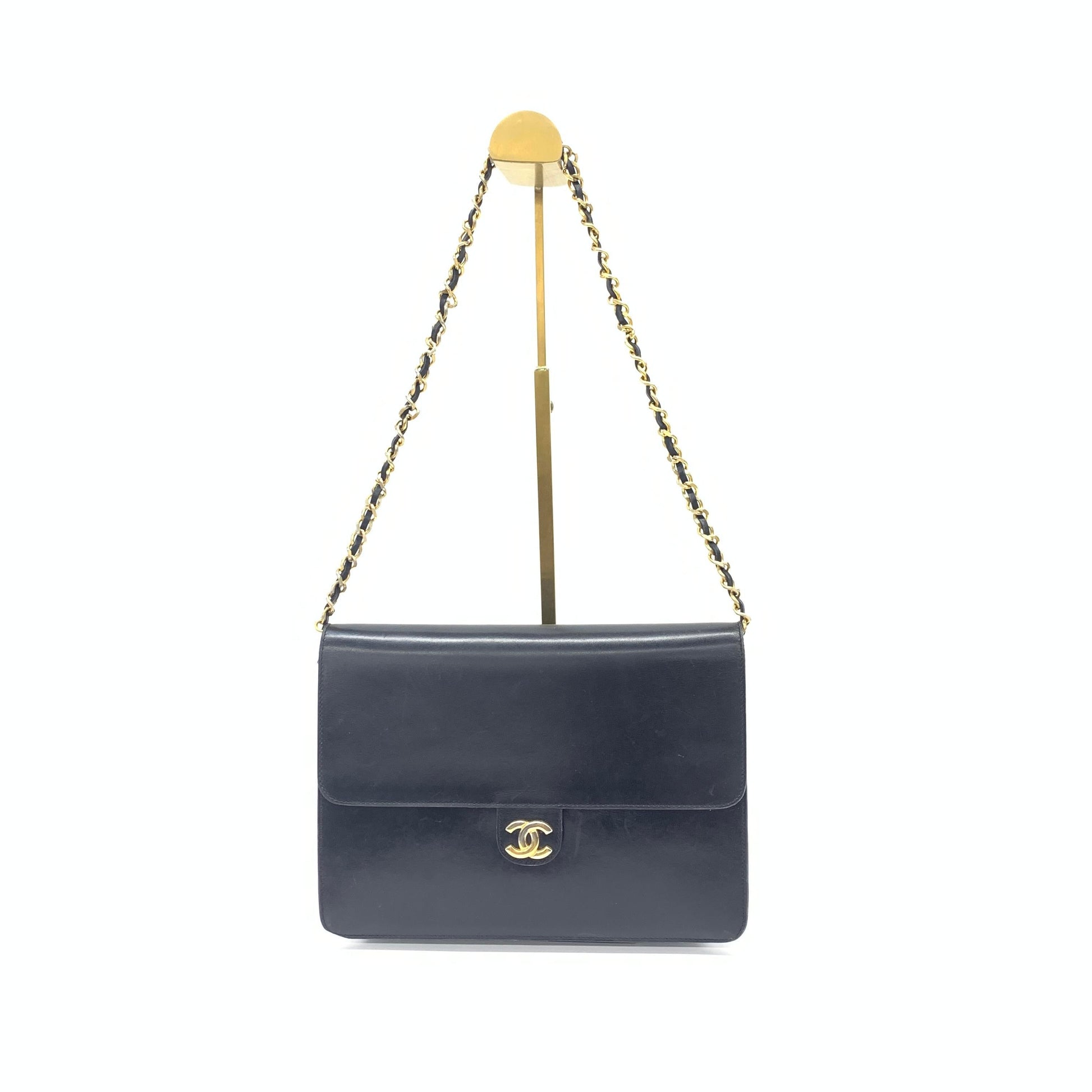 Chanel Single Flap Box Calf Hardware Black Gold Leather Shoulder Bag
