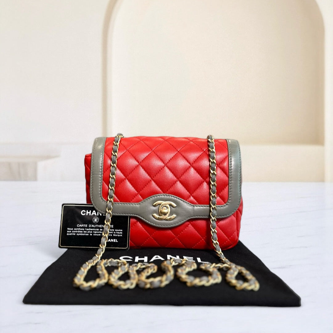 Chanel Seasonal Flap - Two Tone Quilted Lambskin Red Grey Golden Hardware Series 23