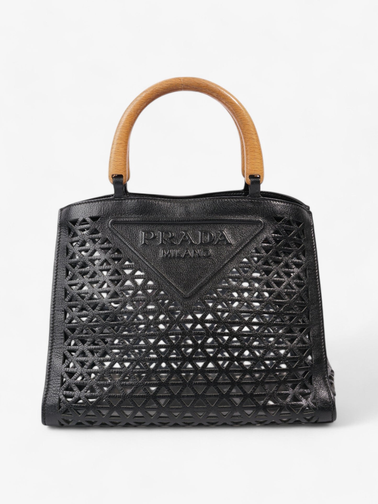Prada Cut Out Shopper With Wooden Handles In Handbag Leather Black Travel Bag