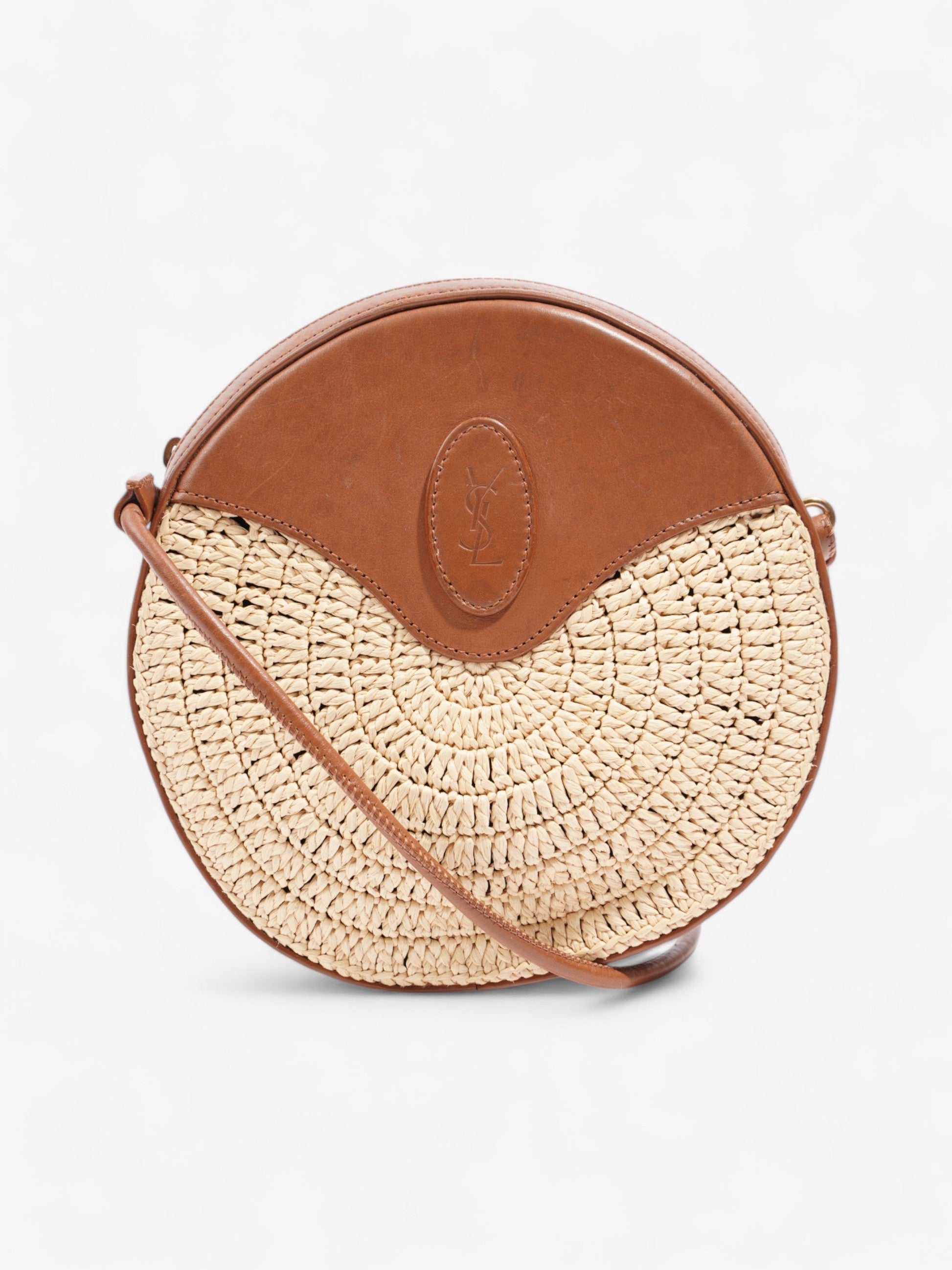 YSL Saint Laurent Round Crossbody Bag Straw Straw Leather Raffia Brown