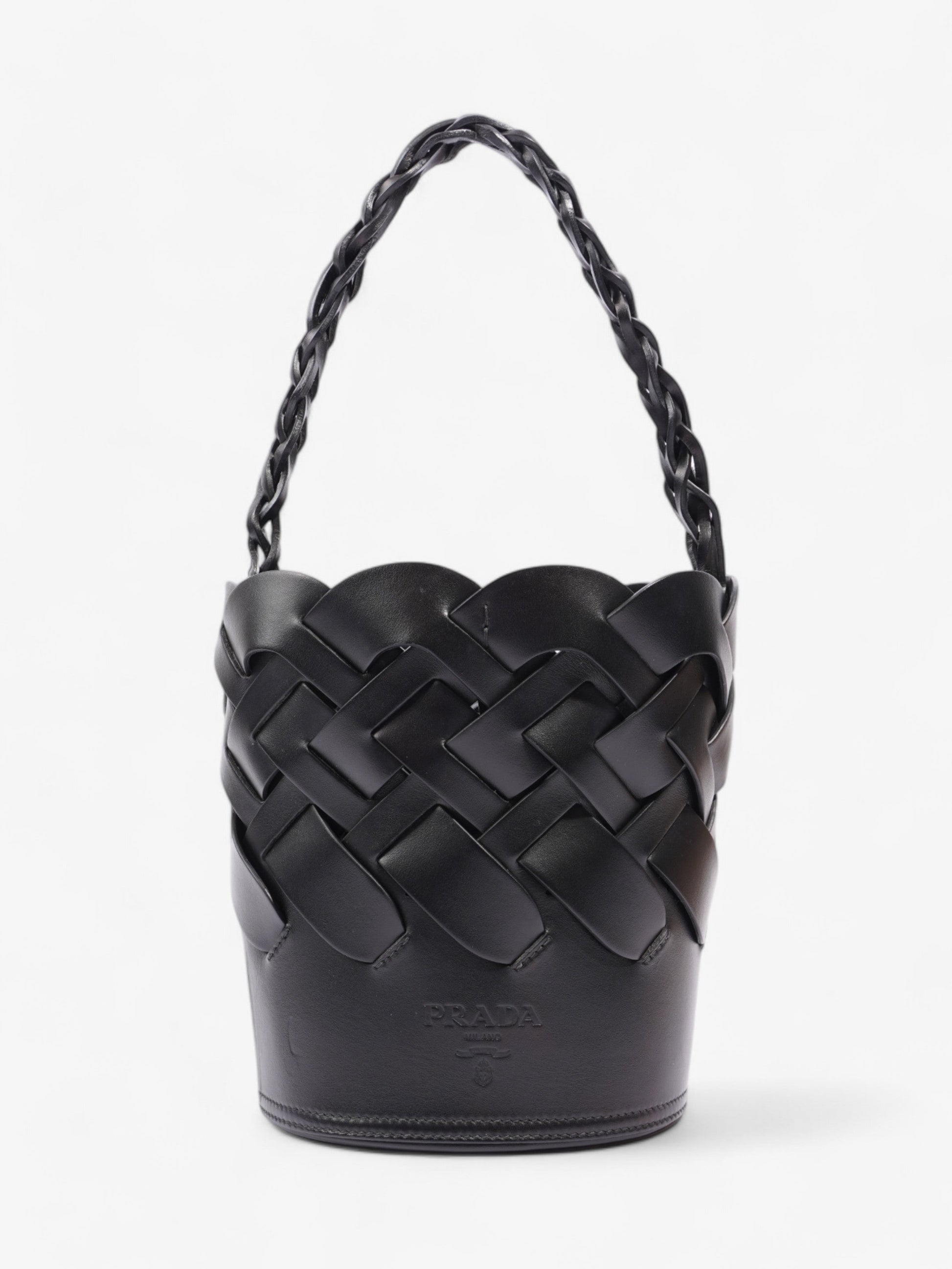 Prada Prada Small Woven Leather Bucket Bag In Black